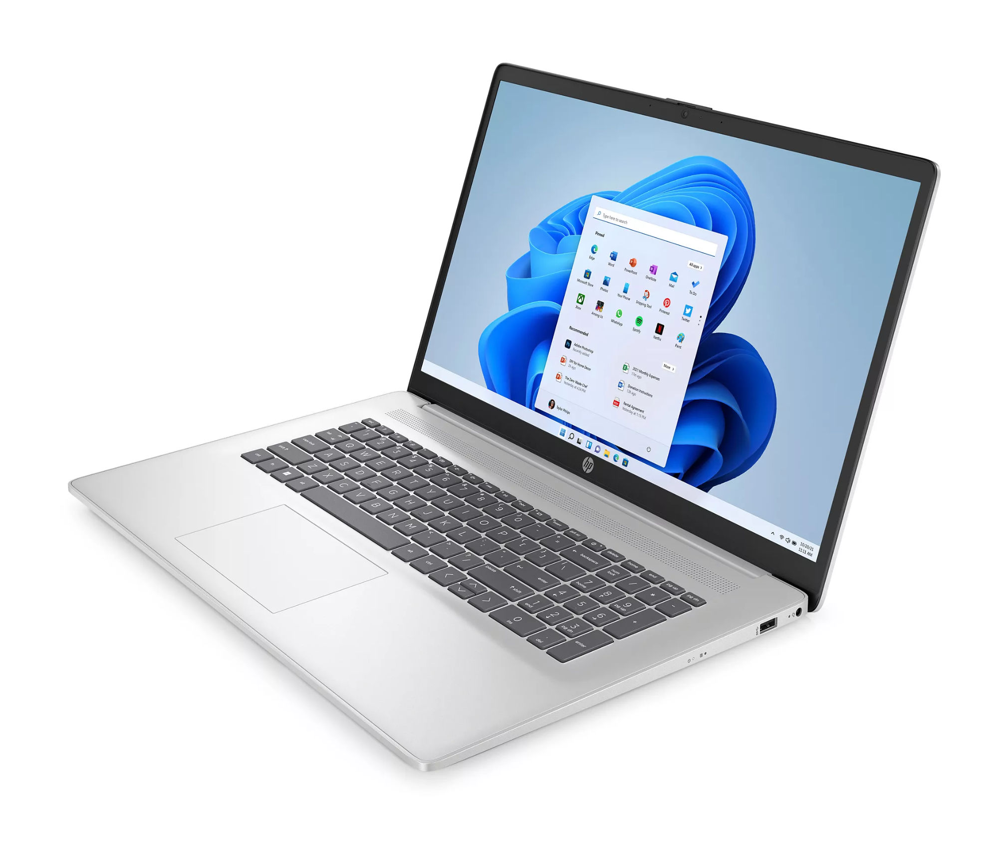 Design argent du HP 17-cp2051nf pour un usage sédentaire confortable HP 17-cp2051nf vu de trois quarts côté droit