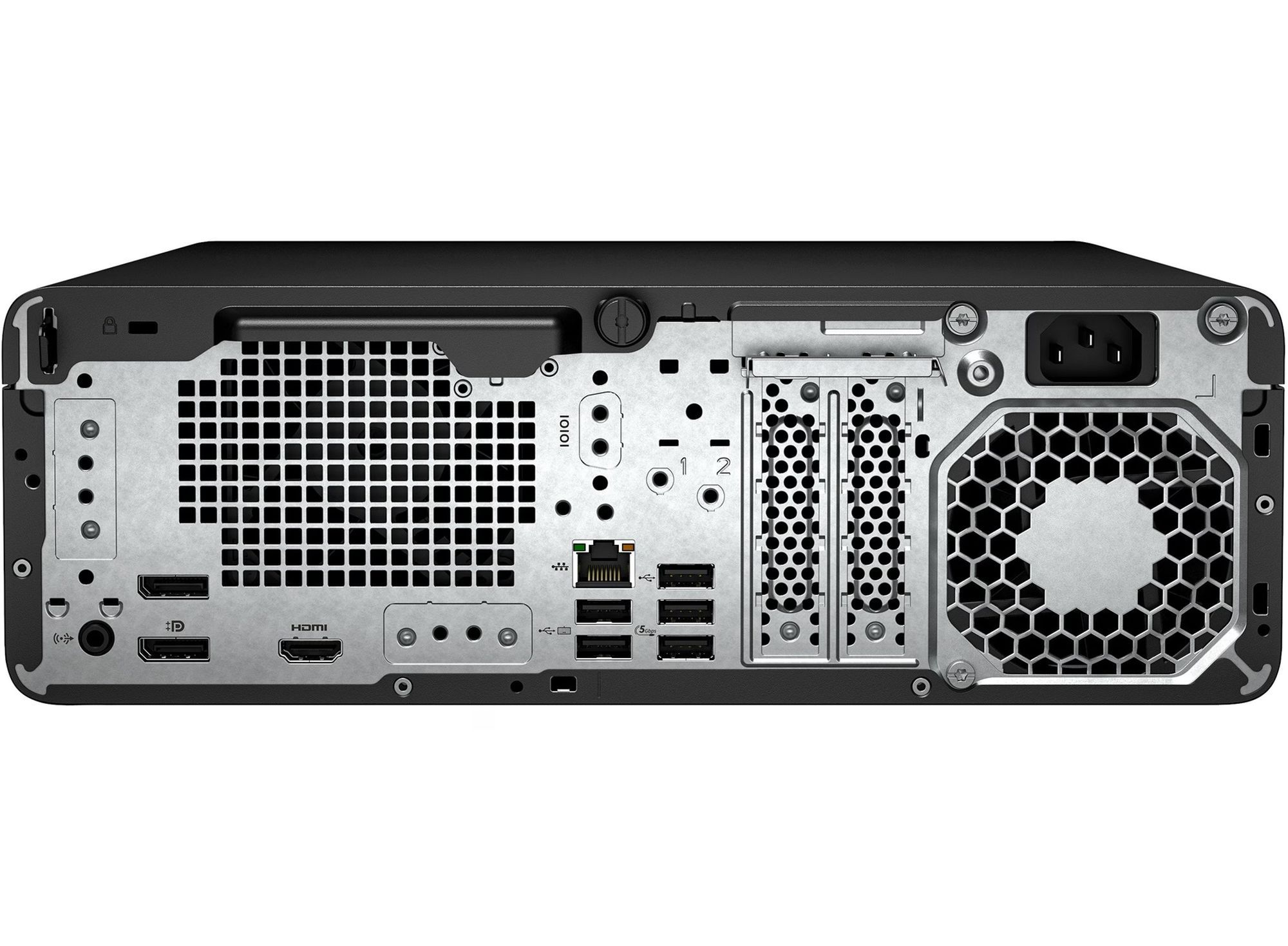 HP ProDesk 4 SFF G1i 9H7K4ET - vue arrière avec HDMI, DisplayPort, USB et RJ45 Connectique arrière du HP ProDesk 4 SFF G1i 9H7K4ET