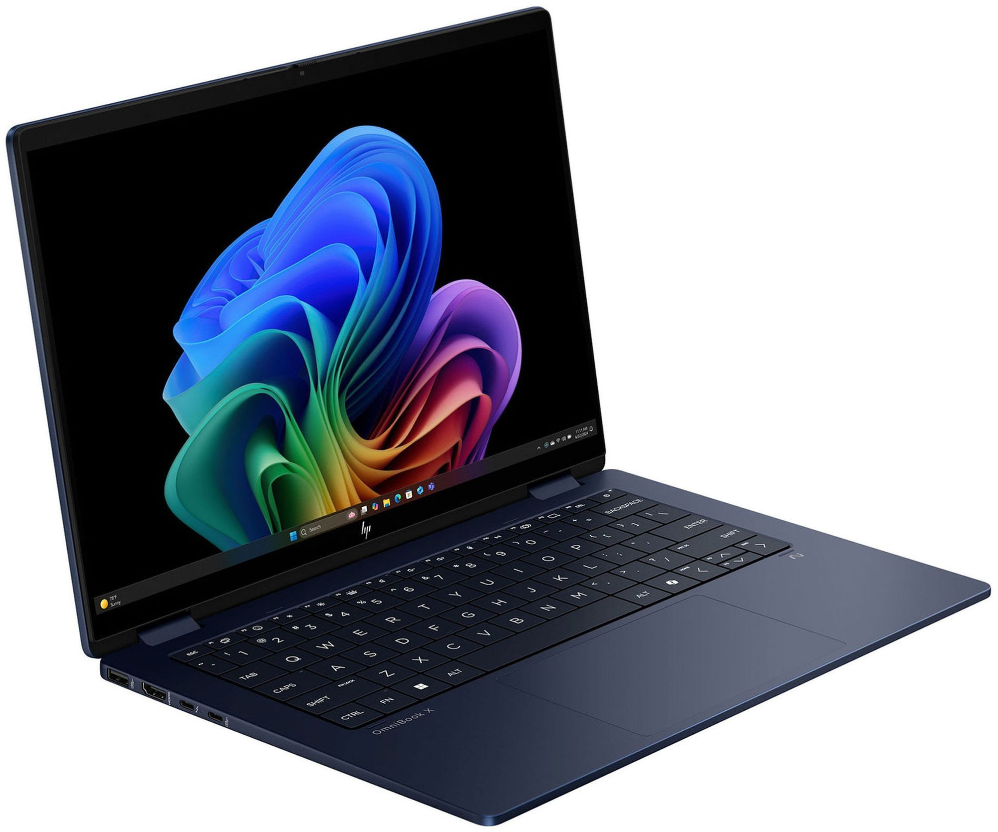 HP OmniBook X Flip 2 en 1 4-fm0013nf - PC portable 14 pouces ouvert HP OmniBook X Flip 2 en 1 4-fm0013nf ouvert avec clavier et écran OLED 14 pouces