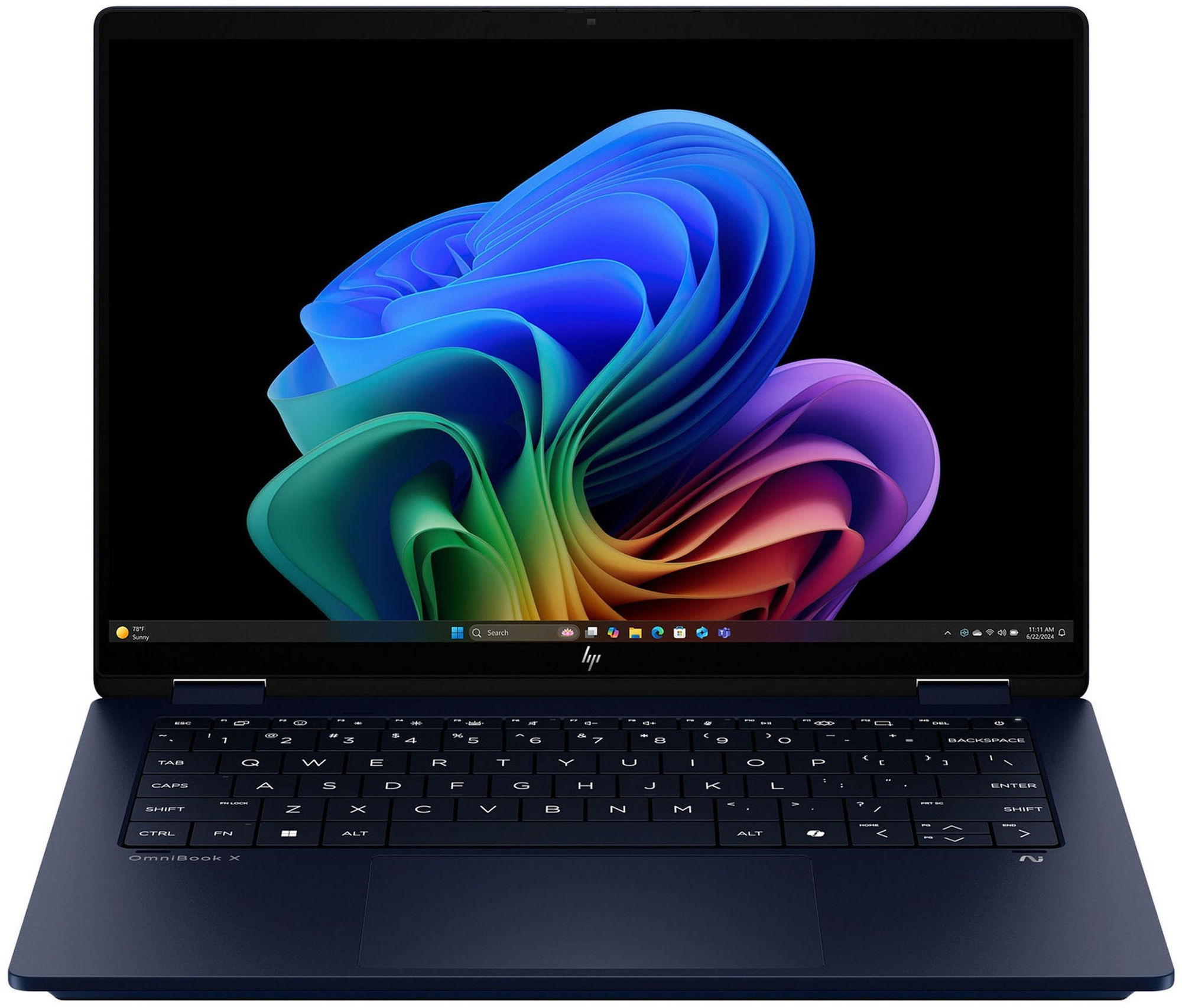 HP OmniBook X Flip 2 en 1 4-fm0013nf - vue de face écran et clavier HP OmniBook X Flip 2 en 1 4-fm0013nf vu de face avec clavier AZERTY et écran tactile