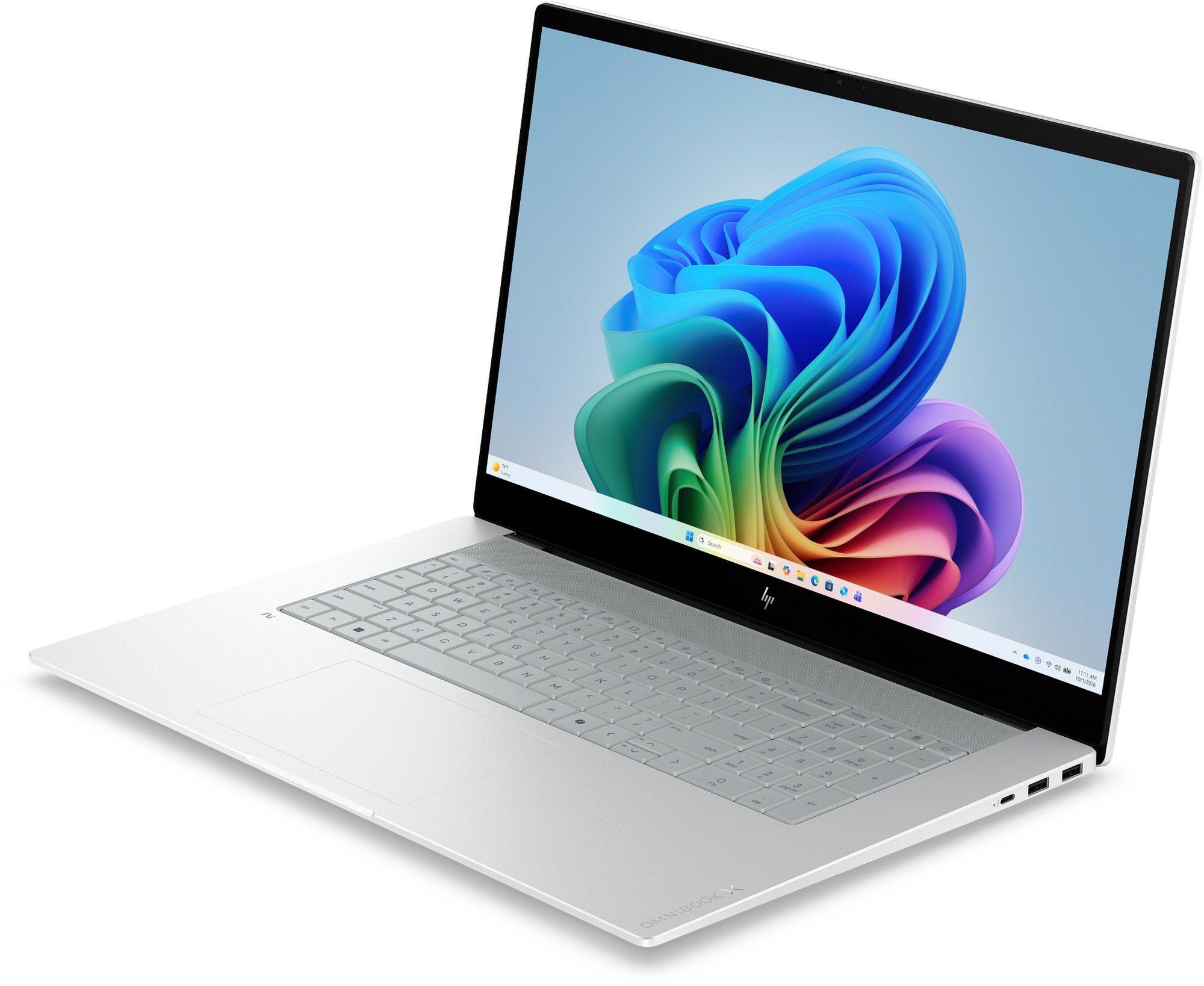 HP OmniBook X 17-de0004nf - vue latérale ouverte HP OmniBook X 17-de0004nf ouvert de côté avec clavier complet