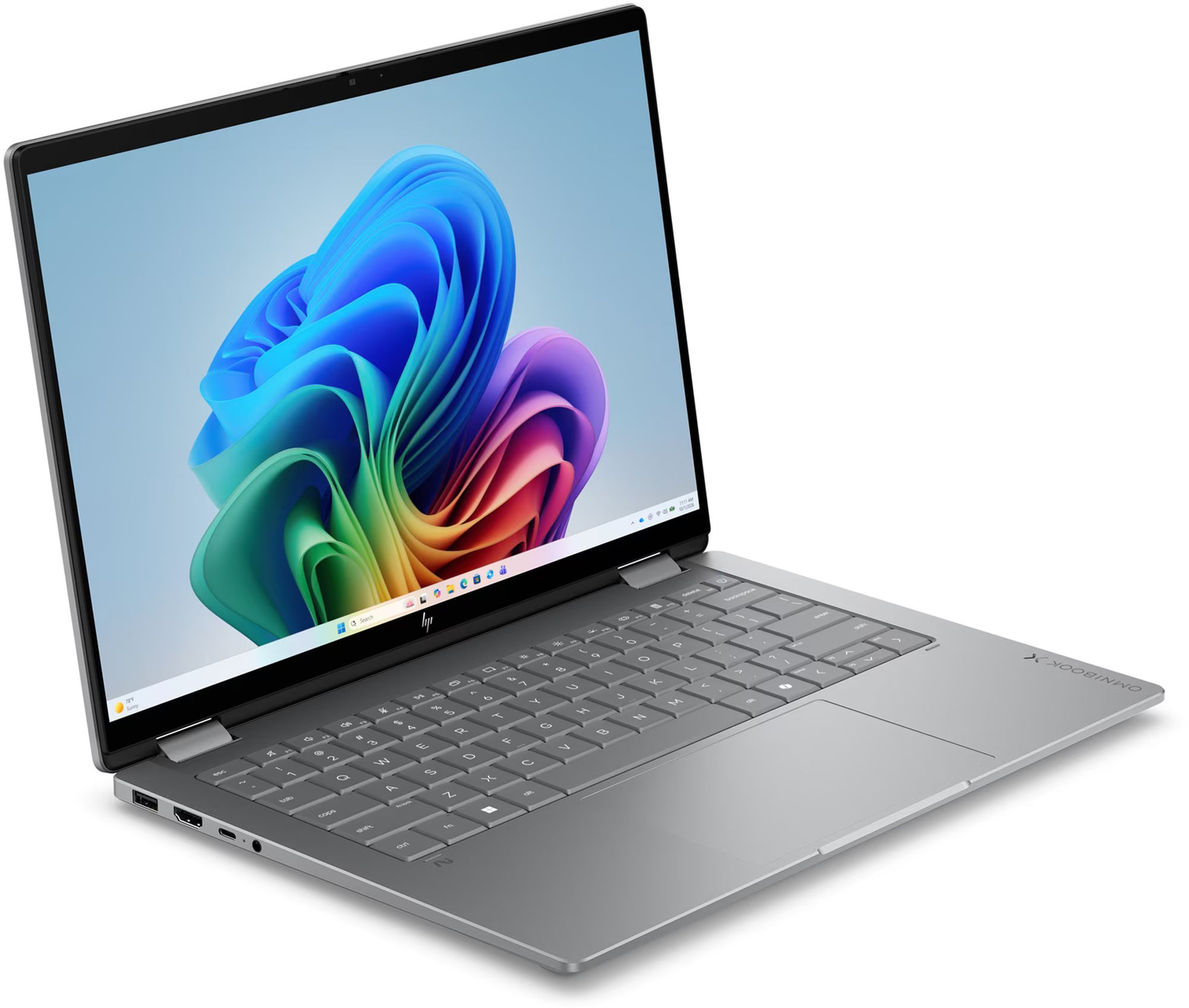 HP OmniBook X Flip 14-kb0008nf ouvert HP OmniBook X Flip 14-kb0008nf ouvert avec clavier et écran tactile OLED