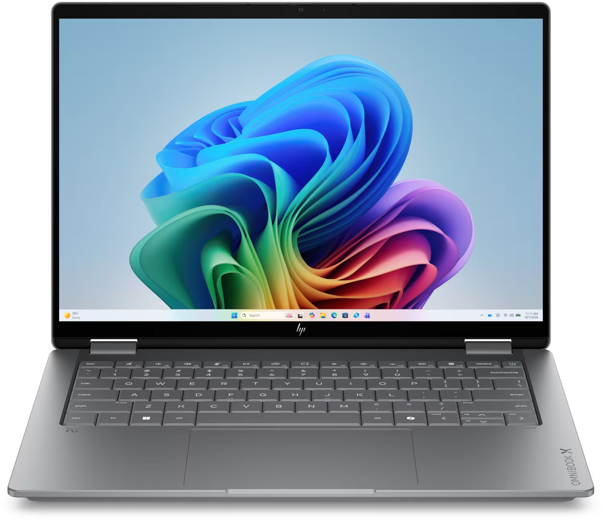HP OmniBook X Flip 14-kb0008nf vue de face HP OmniBook X Flip 14-kb0008nf vue de face avec écran OLED 14 pouces