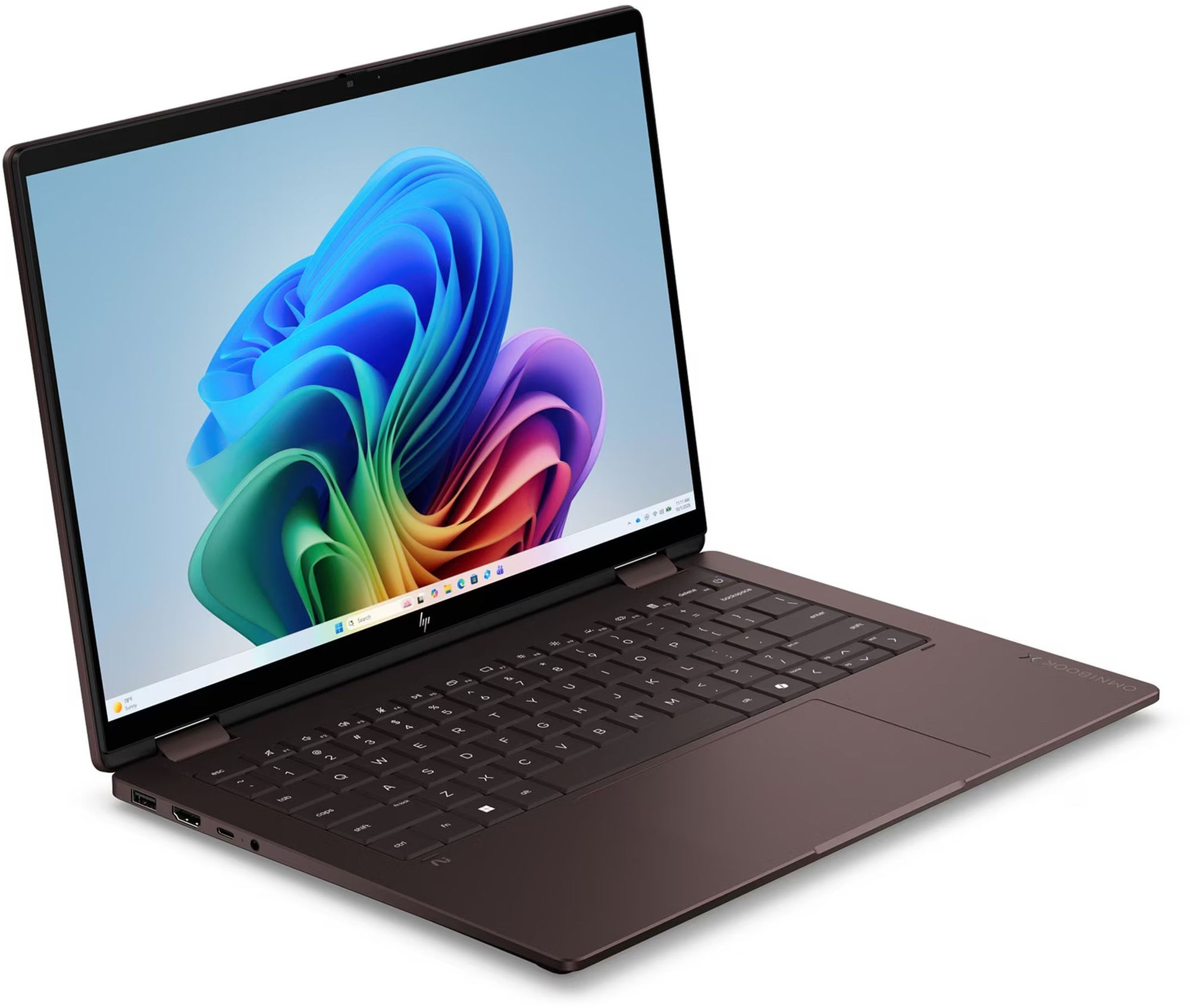 HP OmniBook X Flip 2 en 1 14-kc0023nfx ouvert avec écran tactile Vue ouverte du HP OmniBook X Flip 2 en 1 14-kc0023nfx