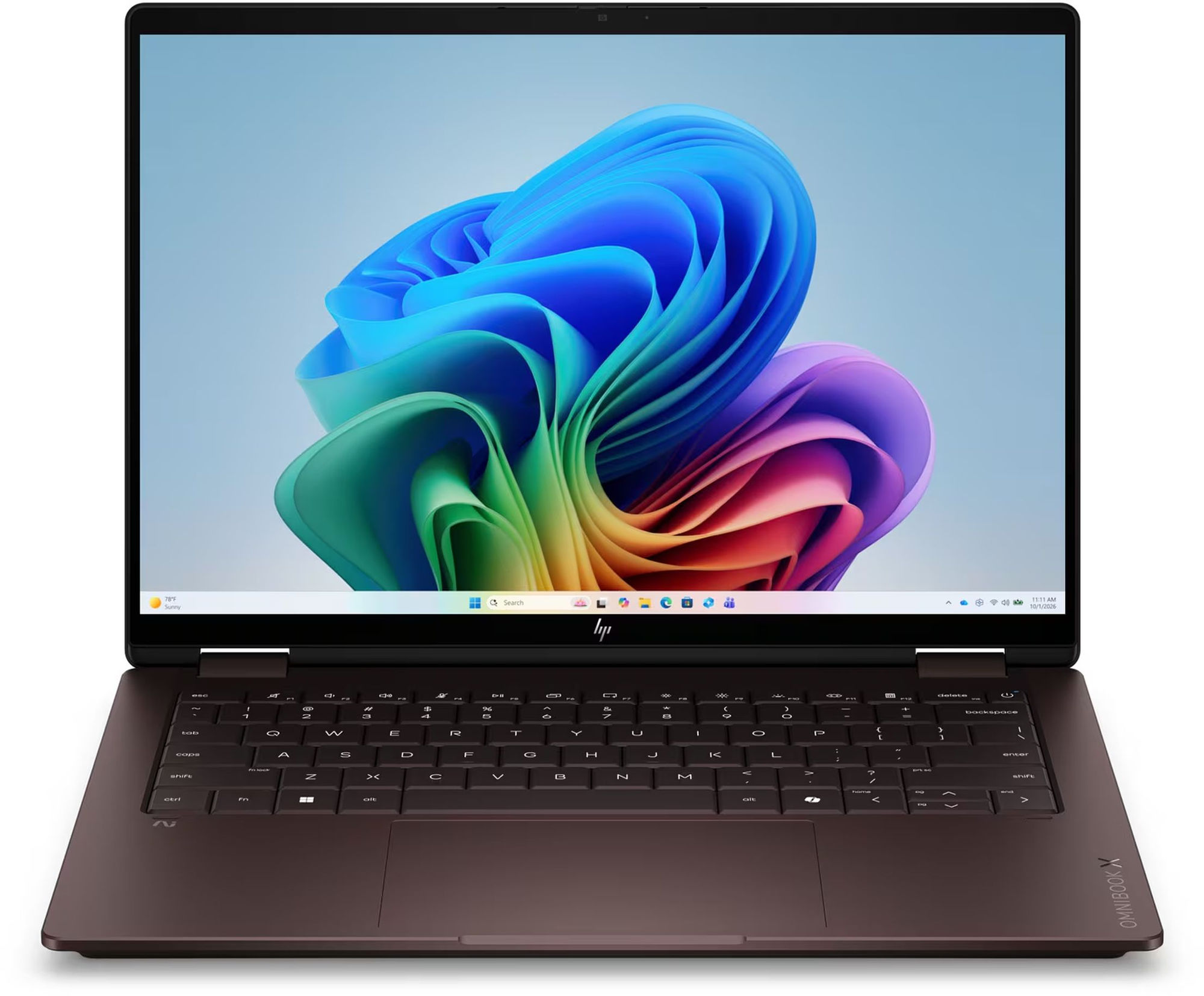 Écran OLED du HP OmniBook X Flip 2 en 1 14-kc0023nfx Vue de face du HP OmniBook X Flip 2 en 1 14-kc0023nfx avec écran OLED
