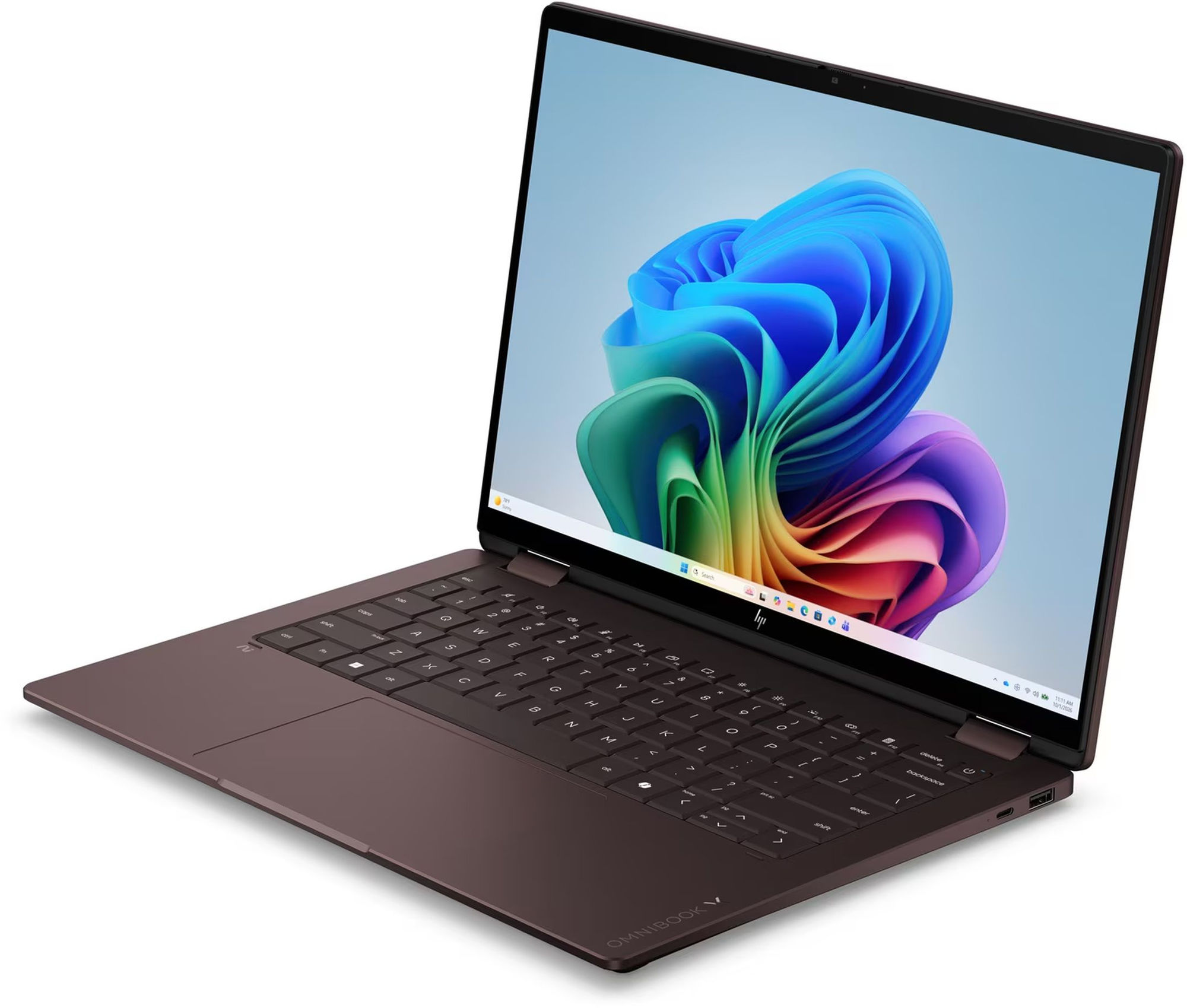 Design aluminium du HP OmniBook X Flip 2 en 1 14-kc0023nfx HP OmniBook X Flip 2 en 1 14-kc0023nfx vu de trois quarts