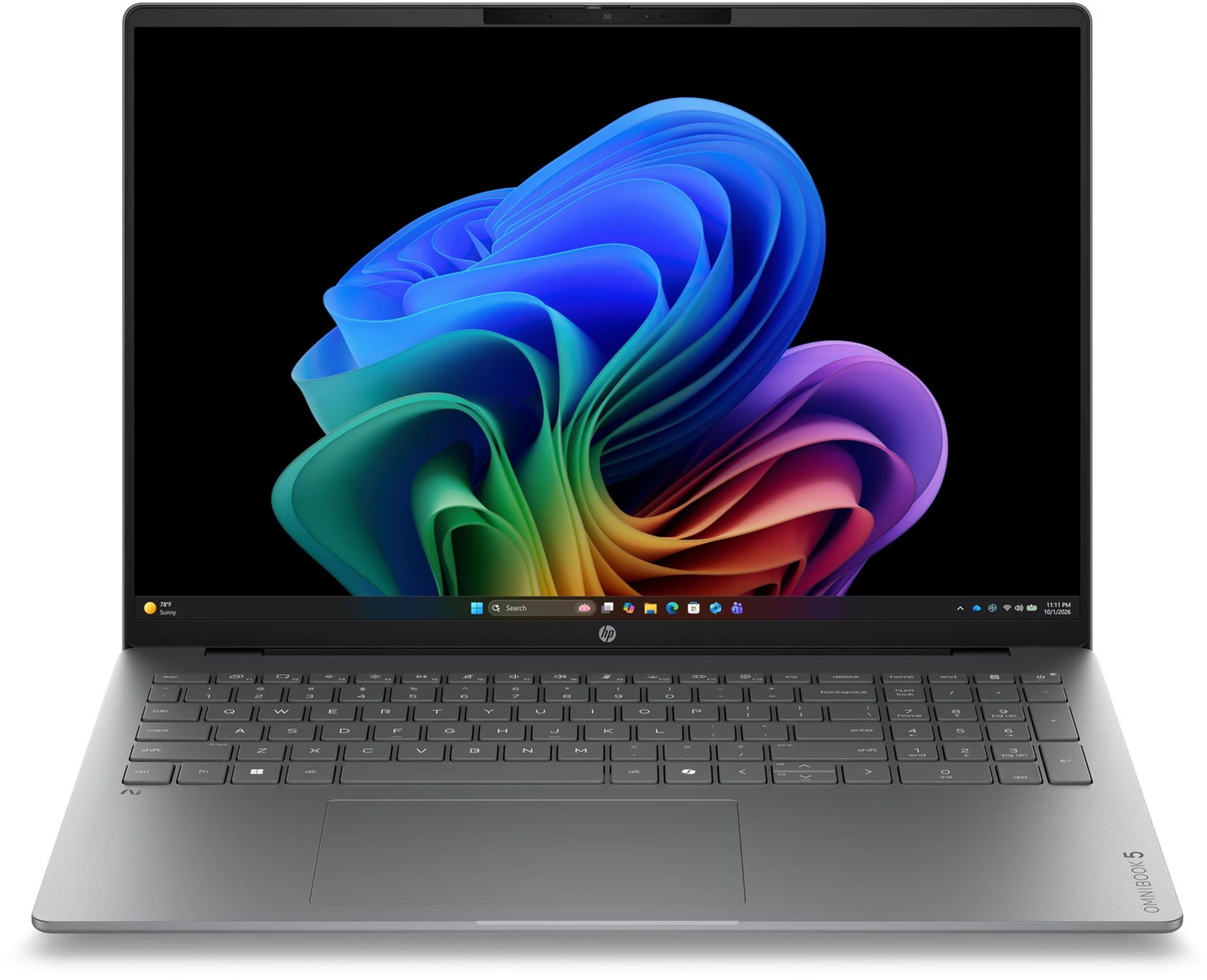 Écran et clavier du HP OmniBook 5 16-bp0011nfx DS1H8EA#ABF Vue de face du HP OmniBook 5 16-bp0011nfx DS1H8EA#ABF avec écran OLED