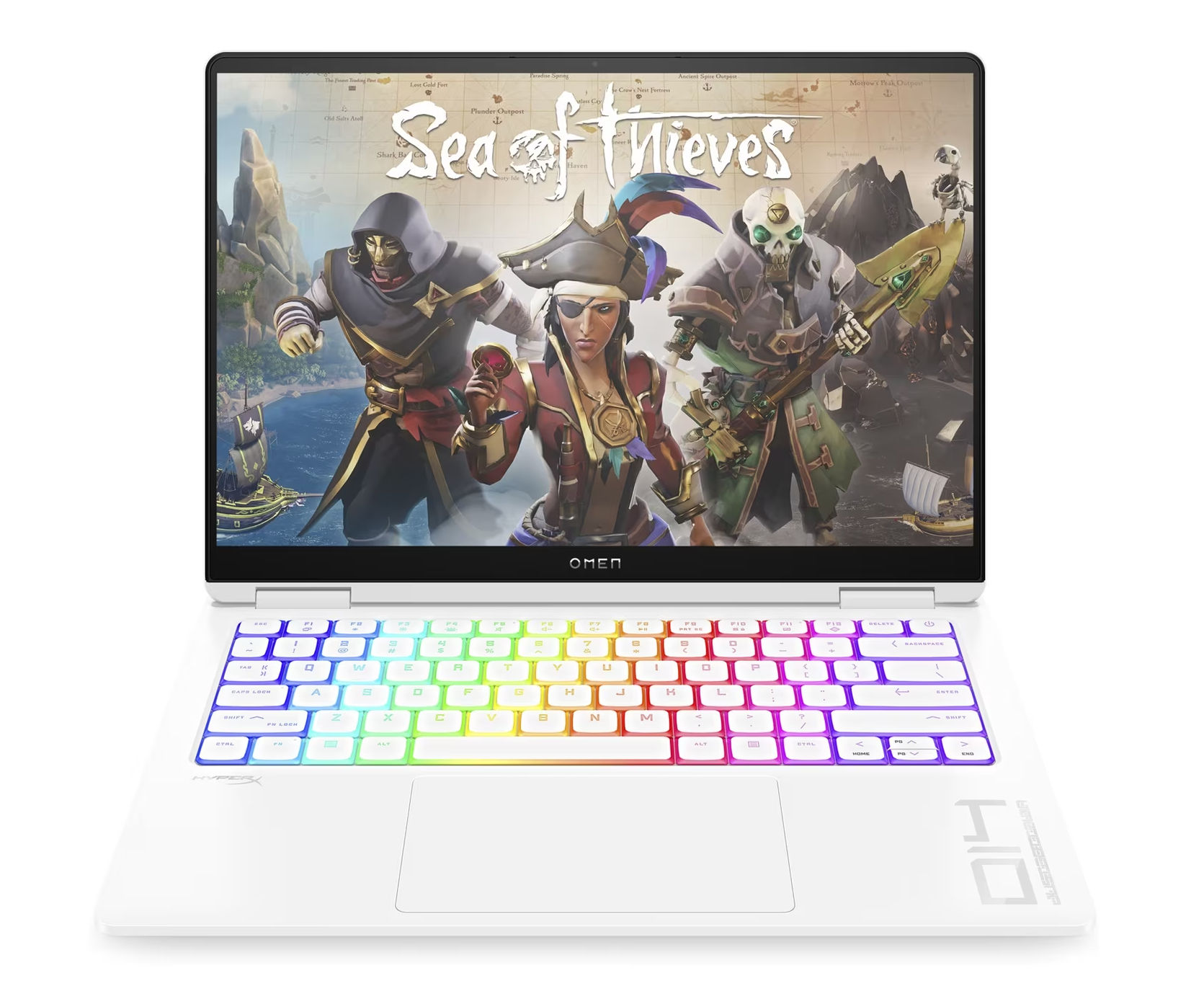 HP Omen Transcend 14-fb1047nf – châssis compact blanc HP Omen Transcend 14-fb1047nf blanc vu de trois quarts avec clavier éclairé