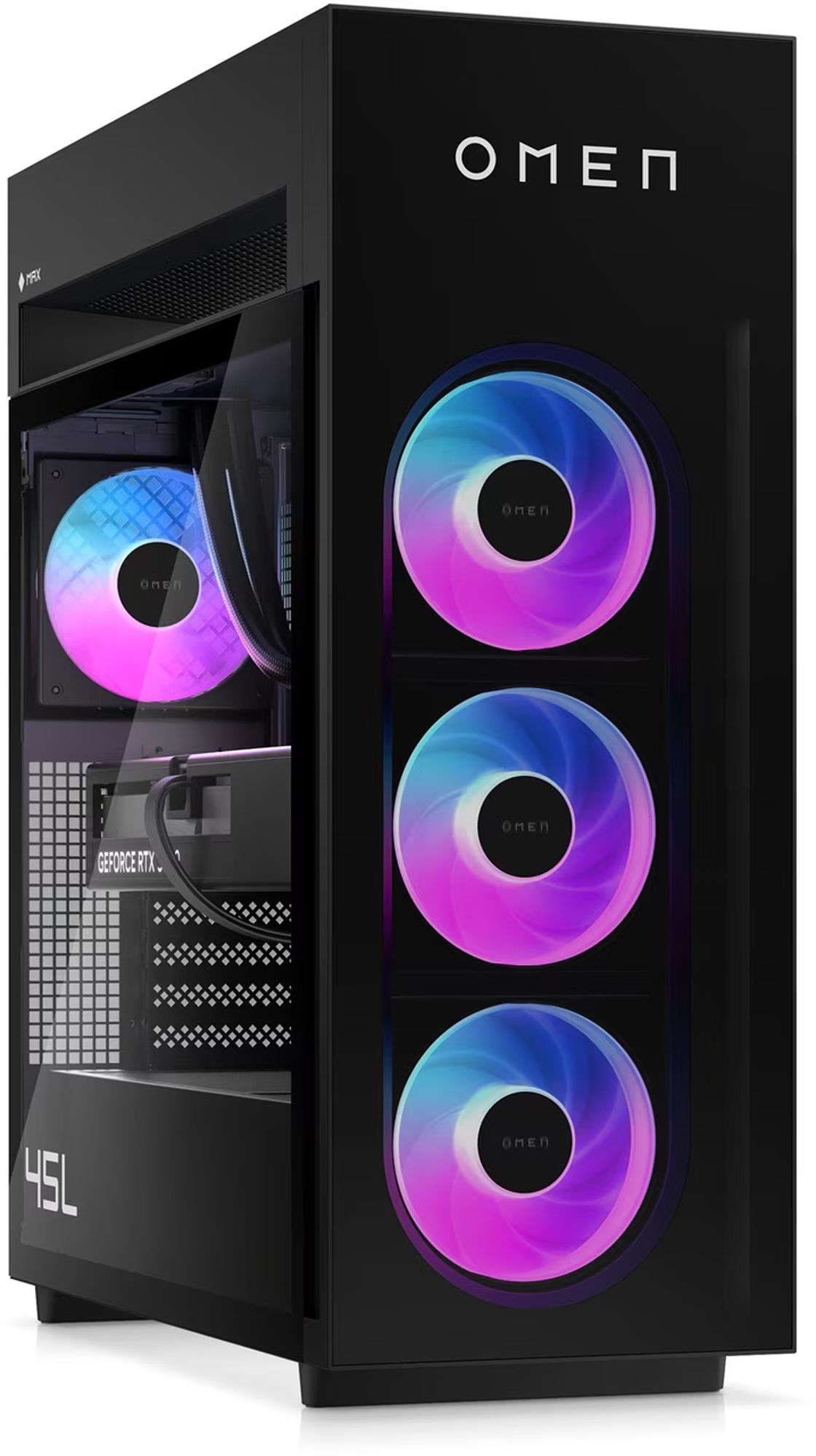 Design du HP OMEN MAX 45L GT24-0021nf PC gamer HP OMEN MAX 45L GT24-0021nf vu de face et de côté