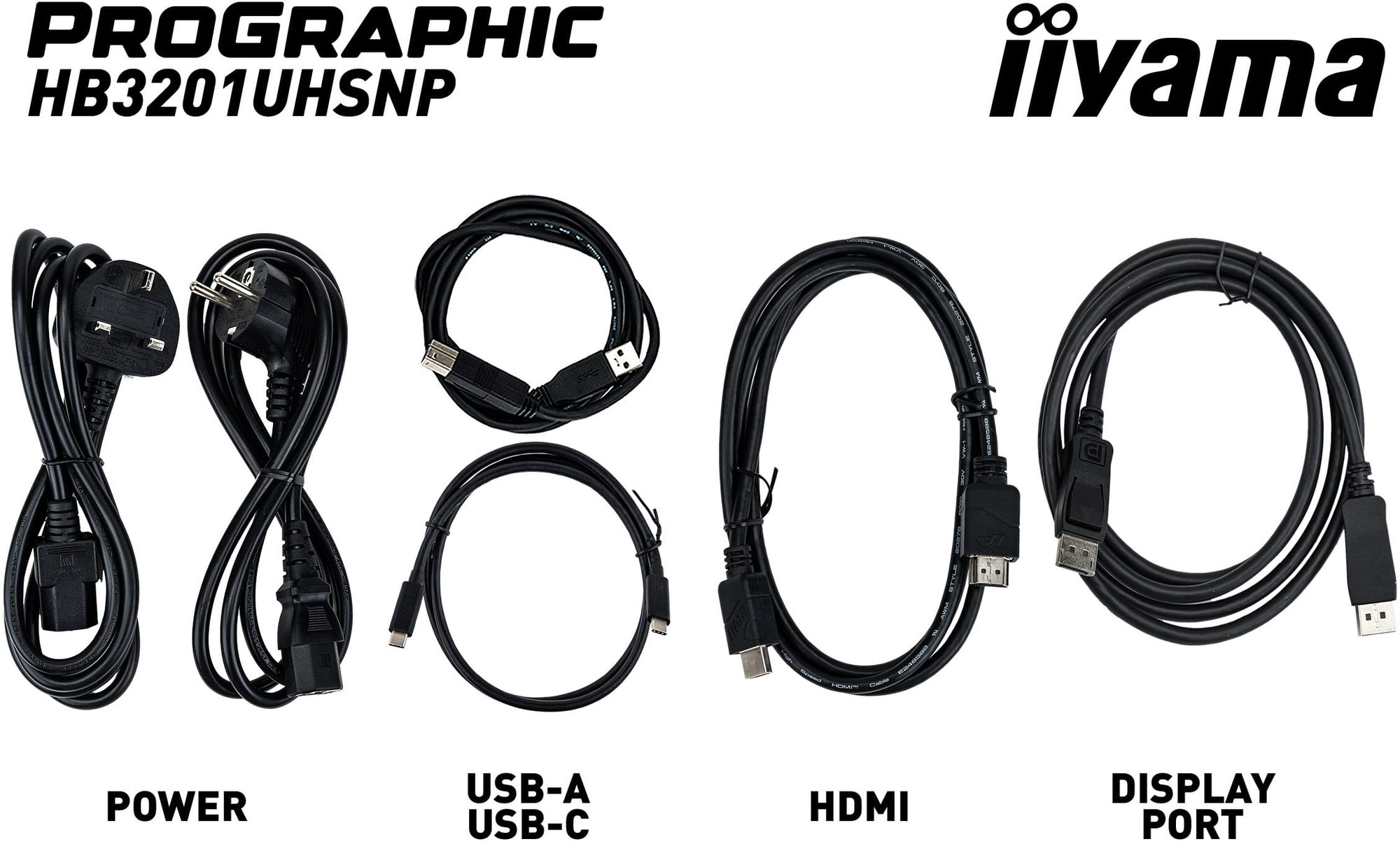 Iiyama ProGraphic HB3201UHSNP-B1 : câbles inclus Câbles fournis avec l’écran Iiyama ProGraphic HB3201UHSNP-B1