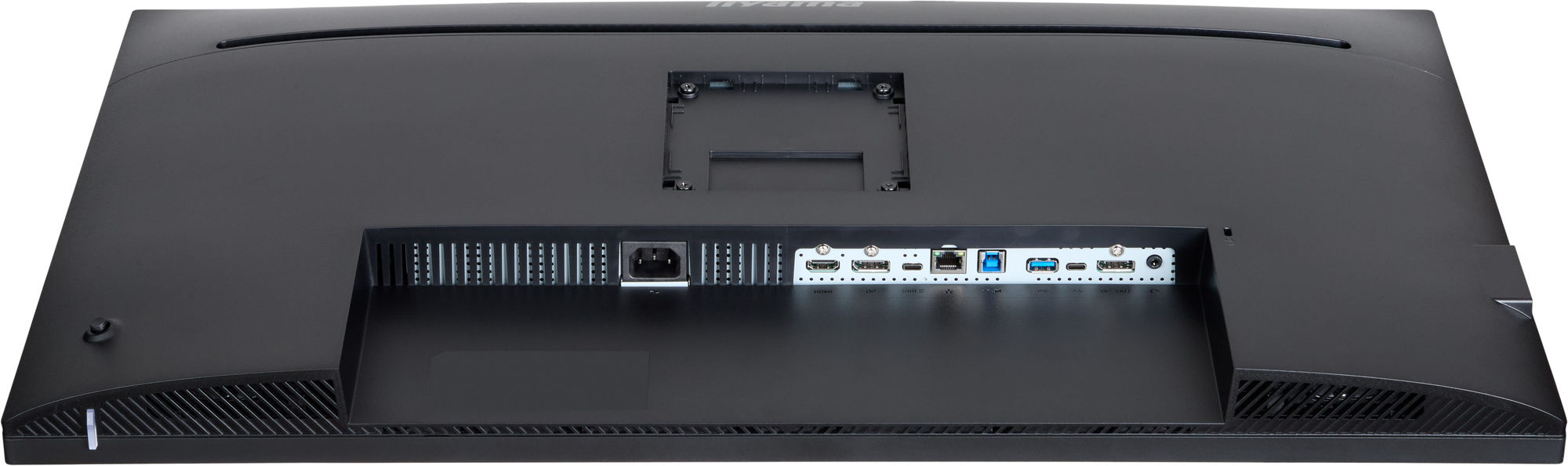 Iiyama ProGraphic HB3201UHSNP-B1 : ports HDMI, DisplayPort, USB-C et RJ45 Connectique arrière de l’écran Iiyama ProGraphic HB3201UHSNP-B1