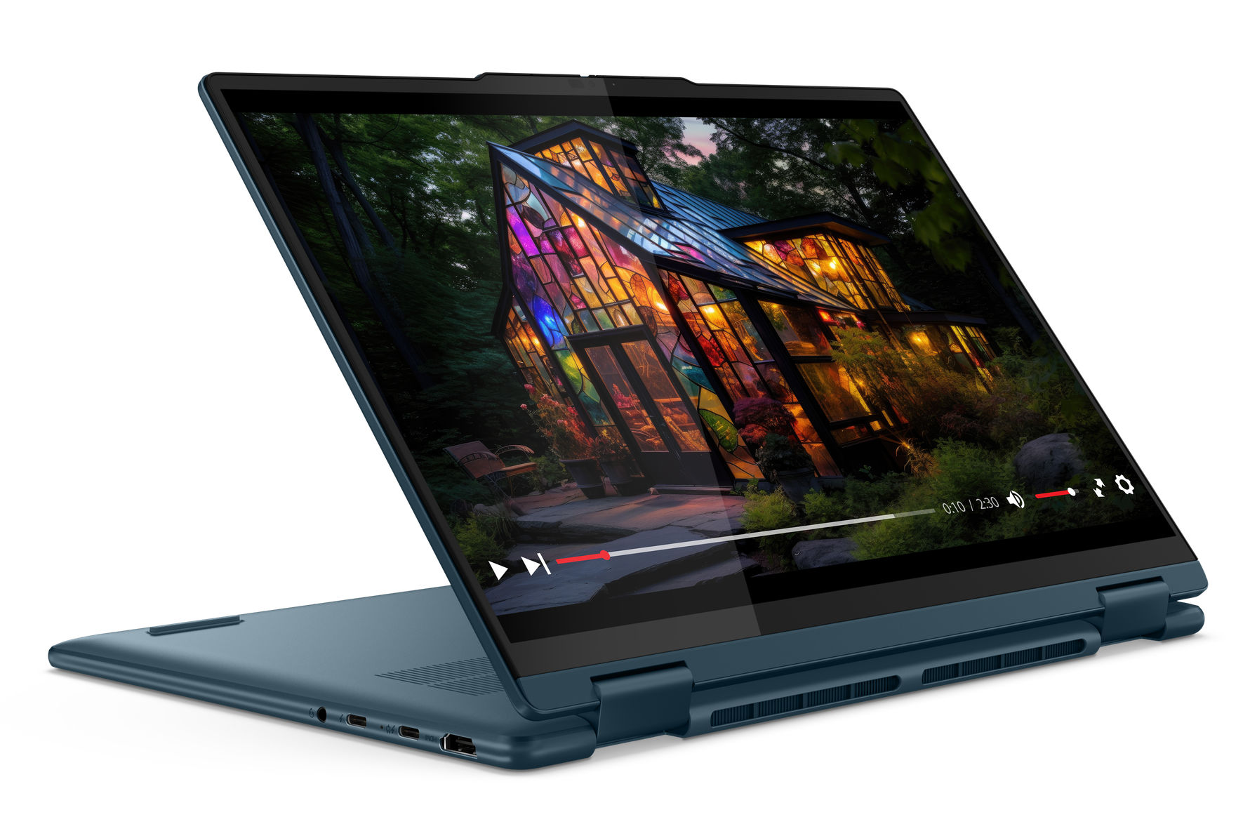 Yoga 7 14IML9 en mode chevalet pour le streaming et la vidéo Lenovo Yoga 7 14IML9 posé en mode chevalet pour le multimédia