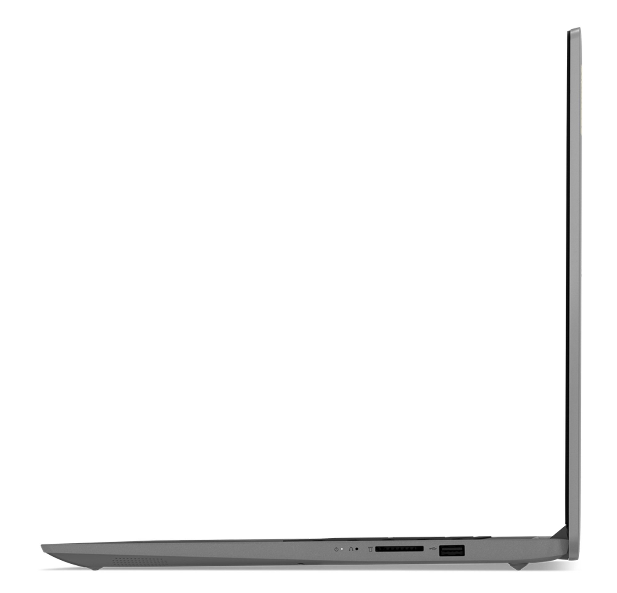 Connectique latérale avec HDMI, USB et USB-C du Lenovo IdeaPad 3 17ABA7 Lenovo IdeaPad 3 17ABA7 vu de profil montrant la connectique