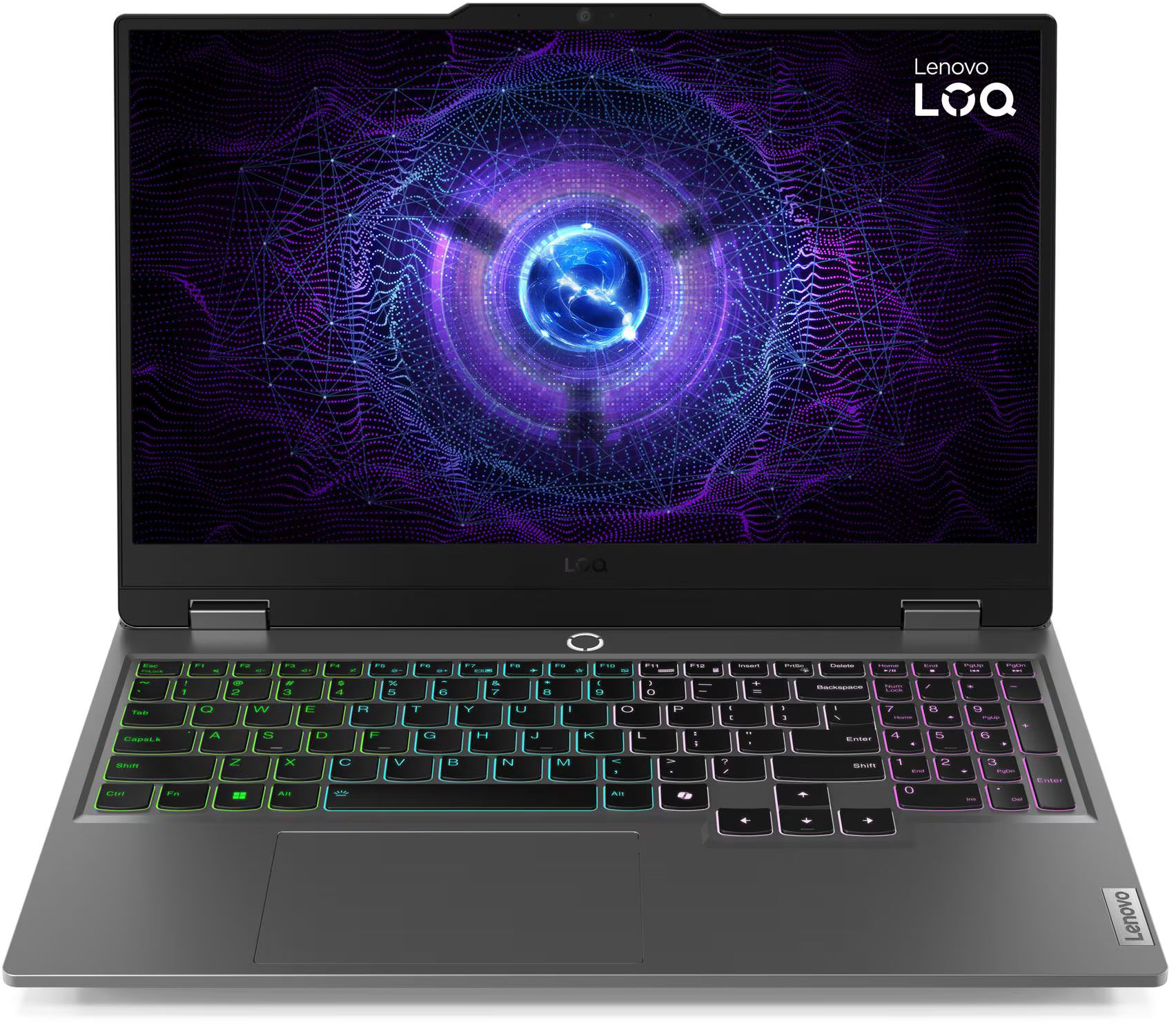 Lenovo LOQ 15IAX9E - Vue de face avec écran 15.6 pouces et clavier rétroéclairé Lenovo LOQ 15IAX9E écran 15.6 pouces et clavier rétroéclairé