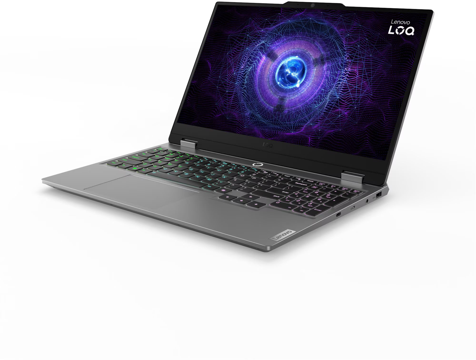 Châssis du Lenovo LOQ 15IAX9E et design gamer discret Profil du PC gamer Lenovo LOQ 15IAX9E ouvert