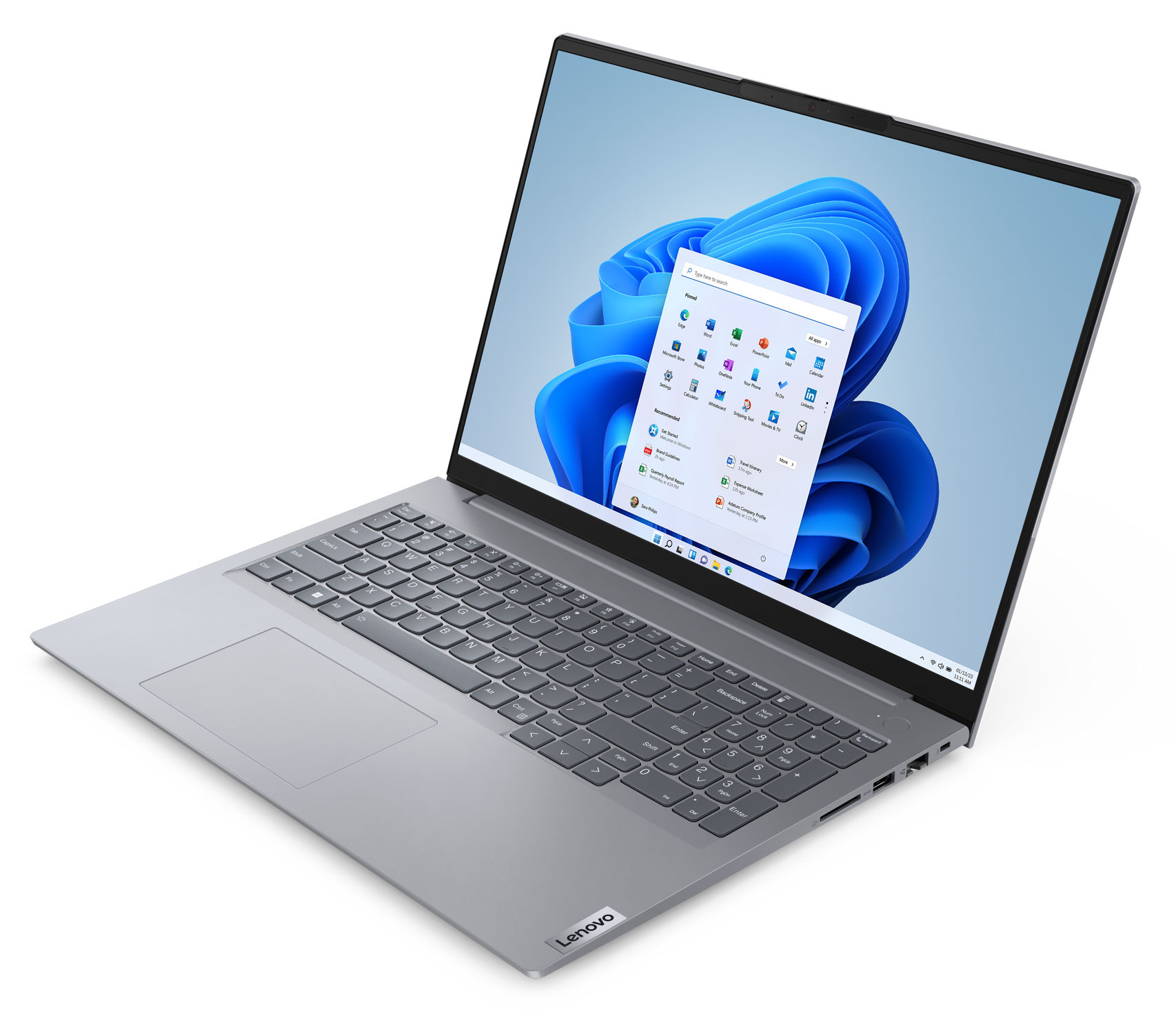 Design du Lenovo ThinkBook 16 G7 ARP (21MW009FFR) - châssis gris pro Lenovo ThinkBook 16 G7 ARP 21MW009FFR ouvert, vue de trois-quarts
