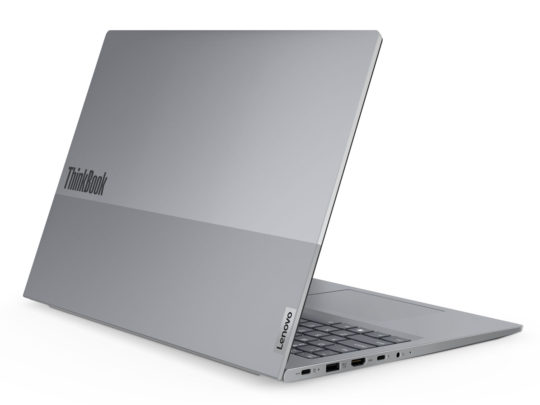 Finitions grises du Lenovo ThinkBook 16 G7 ARP (21MW009FFR) Lenovo ThinkBook 16 G7 ARP 21MW009FFR fermé, vue de l’arrière