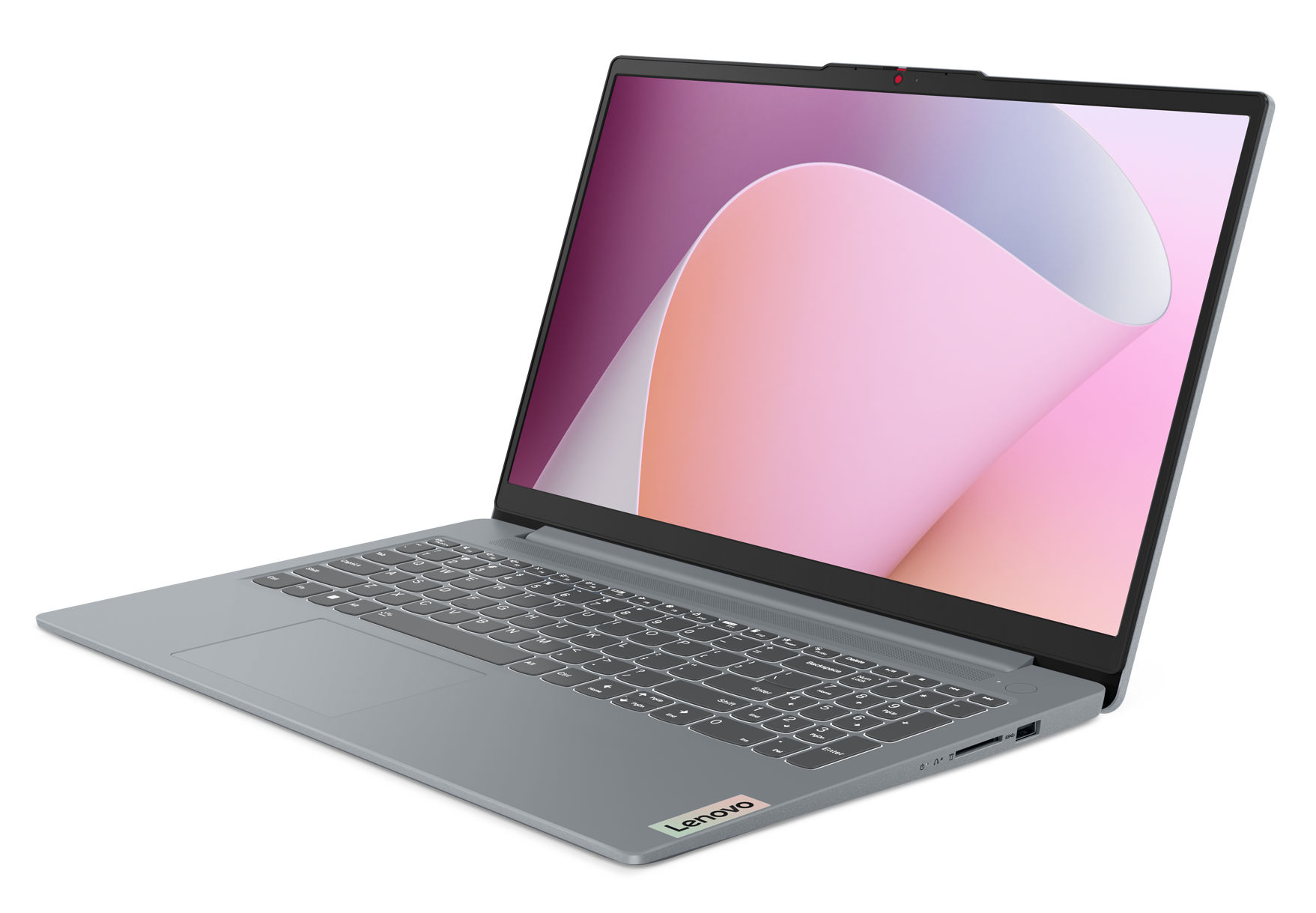 Design fin et discret du Lenovo IdeaPad Slim 3 15IAH8 Lenovo IdeaPad Slim 3 15IAH8 posé sur une table, vue côté droit