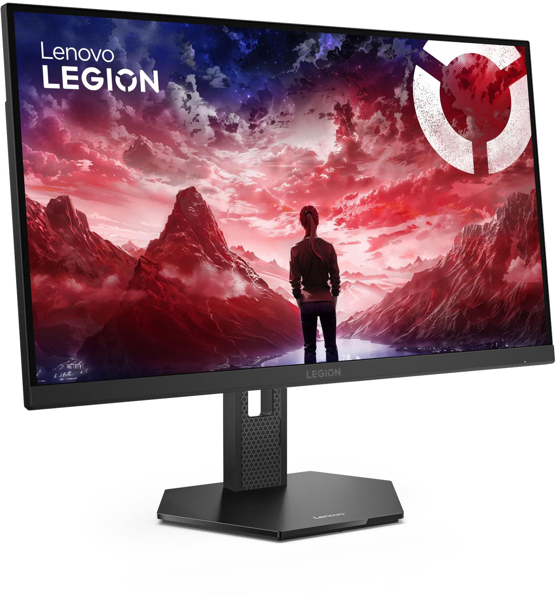 Vue de trois quarts du Lenovo Legion 27U-10 sur un setup gaming Moniteur Lenovo Legion 27U-10 vu de trois quarts sur un bureau gaming