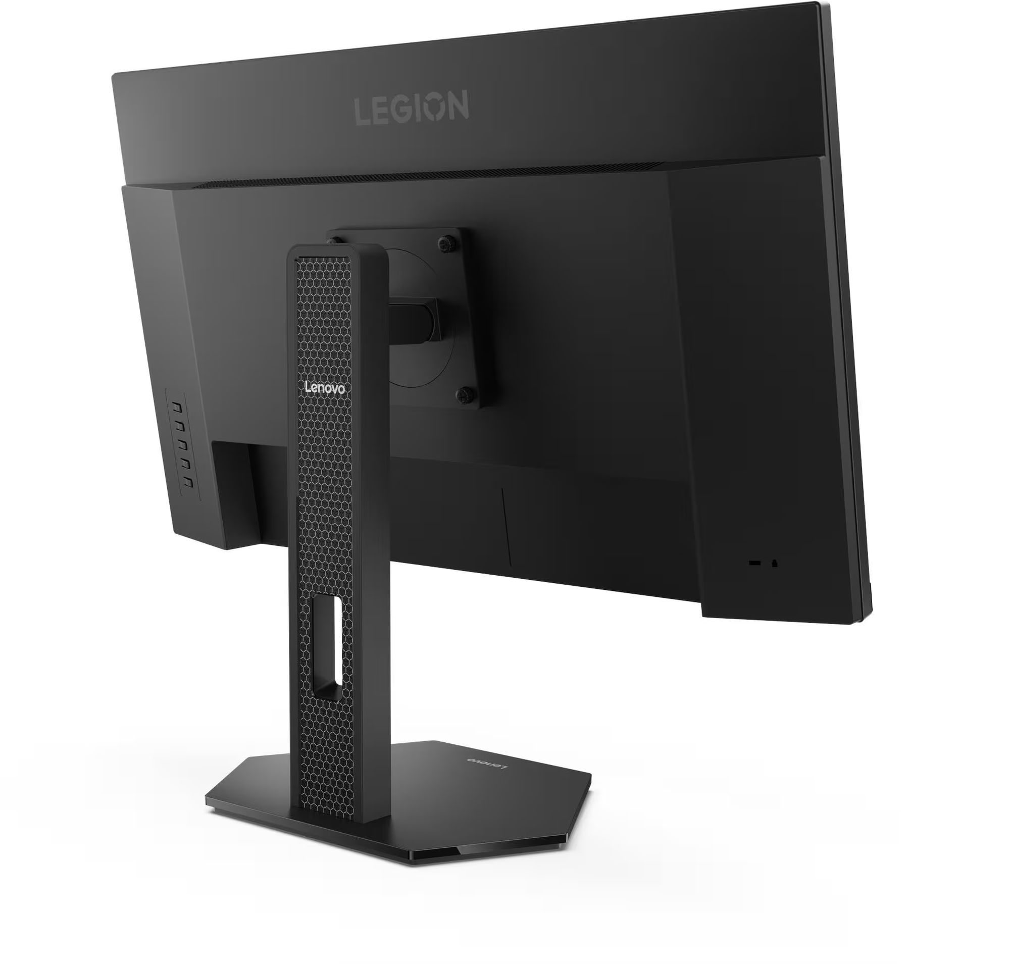 Design arrière du Lenovo Legion 27U-10 avec pied hexagonal Lenovo Legion 27U-10 vue arrière en biais avec le pied hexagonal