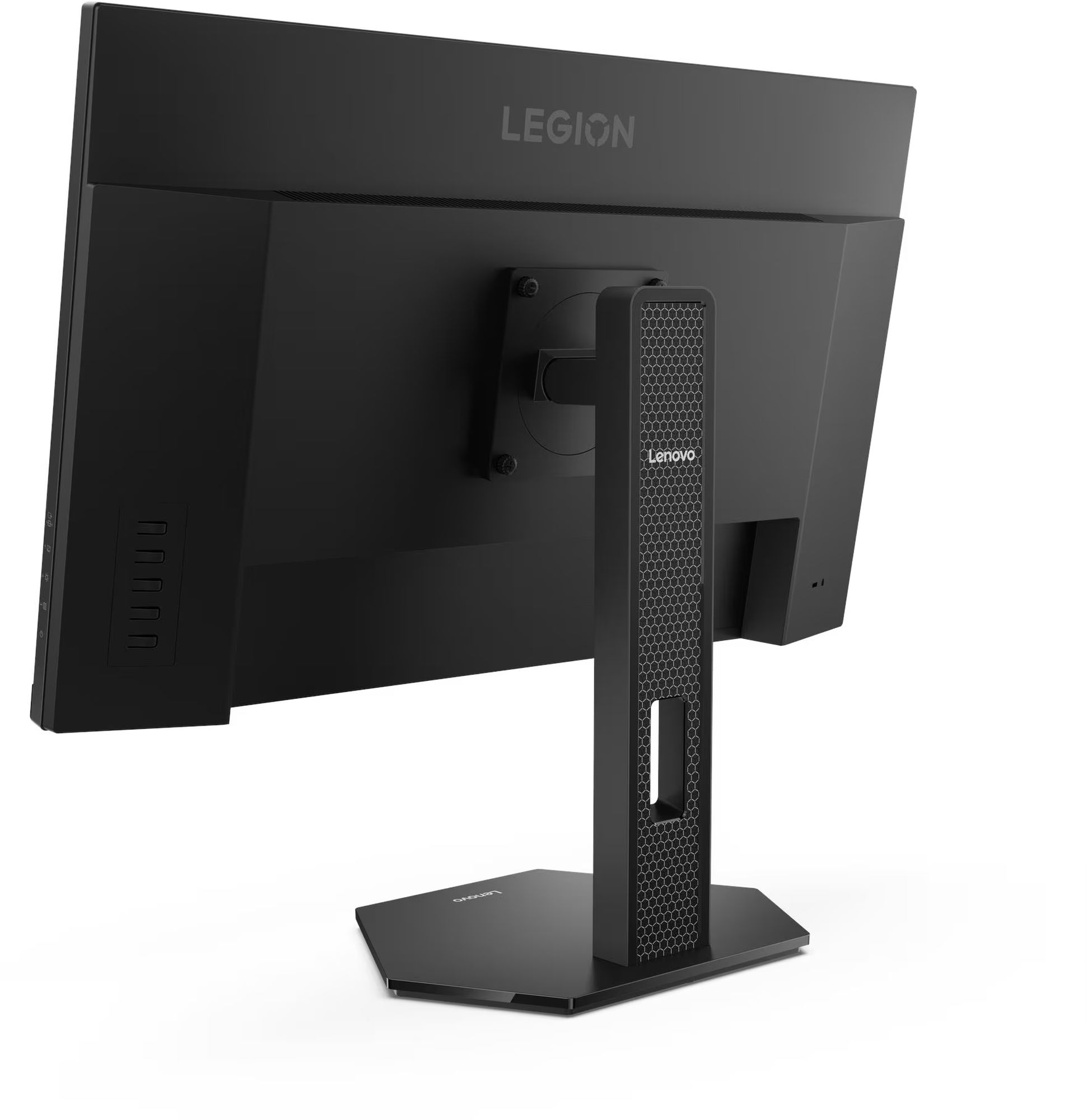 Lenovo Legion 27U-10 : vue arrière diagonale sur un bureau PC Moniteur Lenovo Legion 27U-10 vue arrière diagonale sur un setup PC