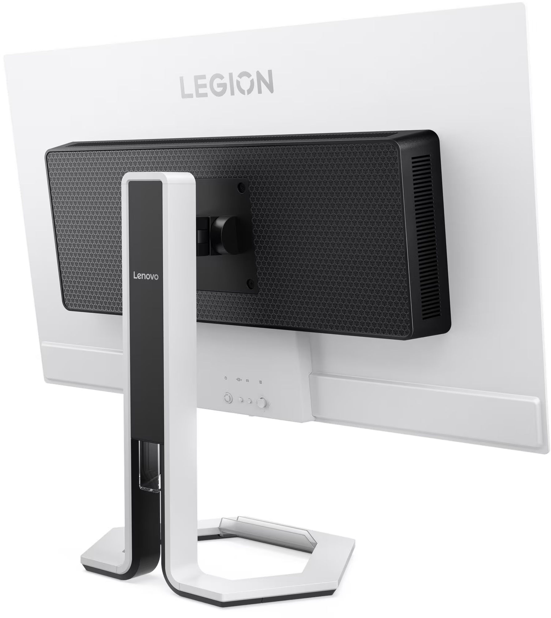 Lenovo Legion Pro 32UD-10 : design arrière et gestion des câbles Lenovo Legion Pro 32UD-10 vue arrière en angle du moniteur gaming