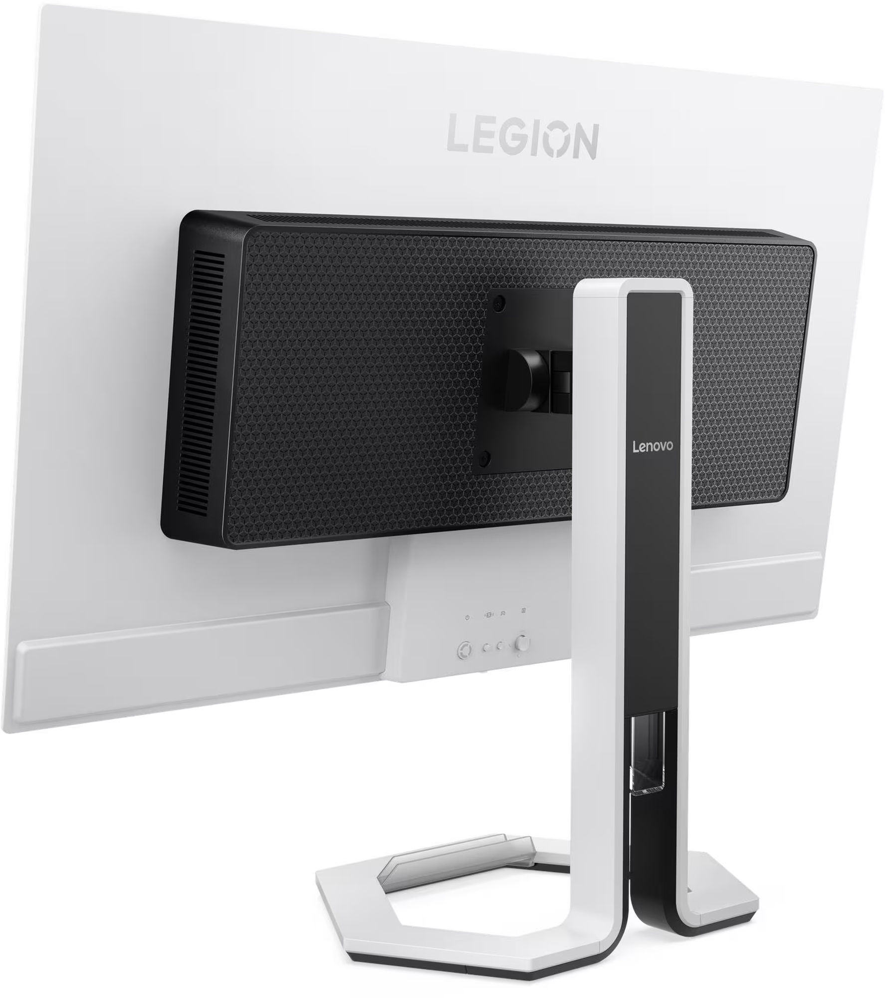 Lenovo Legion Pro 32UD-10 : pied ergonomique et connectique arrière Lenovo Legion Pro 32UD-10 détail du pied et de la connectique arrière