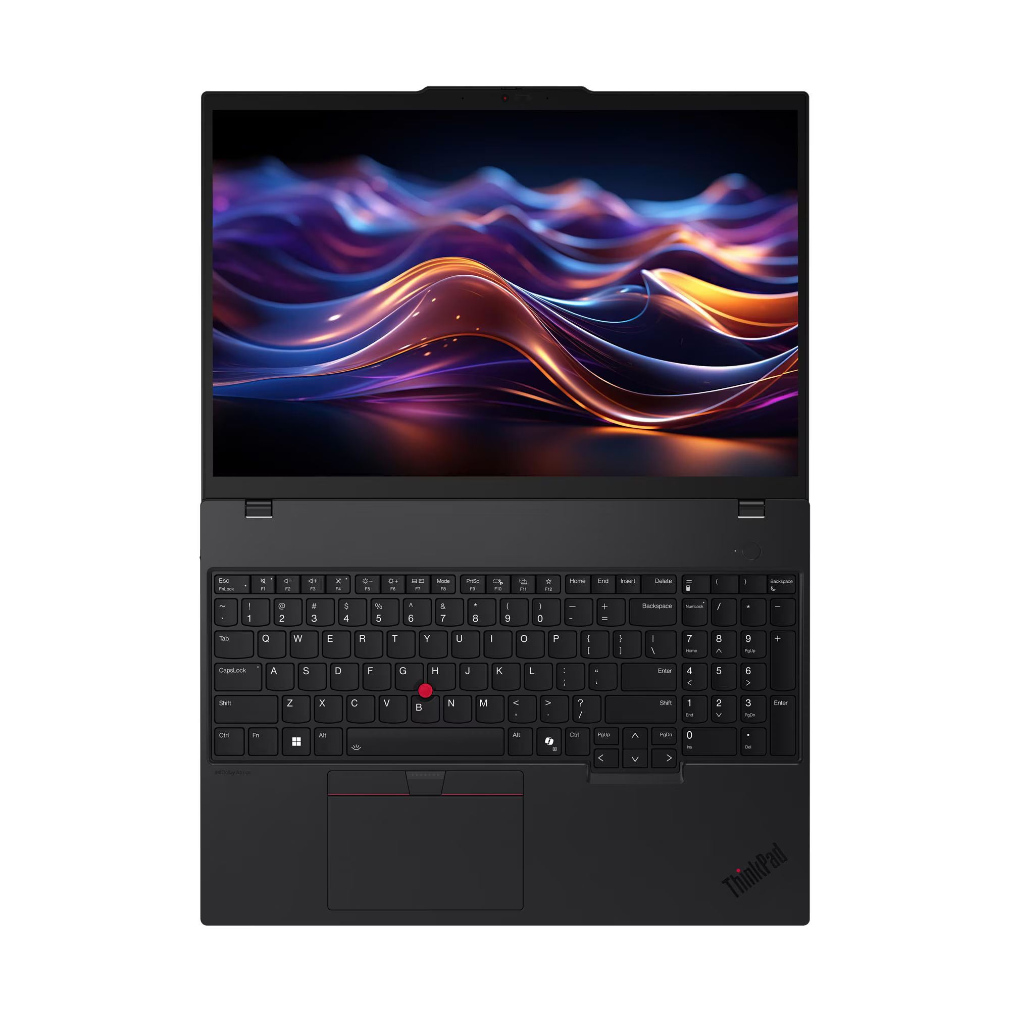 Lenovo ThinkPad P16s Gen 4 21RX000YFR : clavier complet avec pavé numérique et trackpoint Clavier et écran du Lenovo ThinkPad P16s Gen 4 21RX000YFR vus du dessus