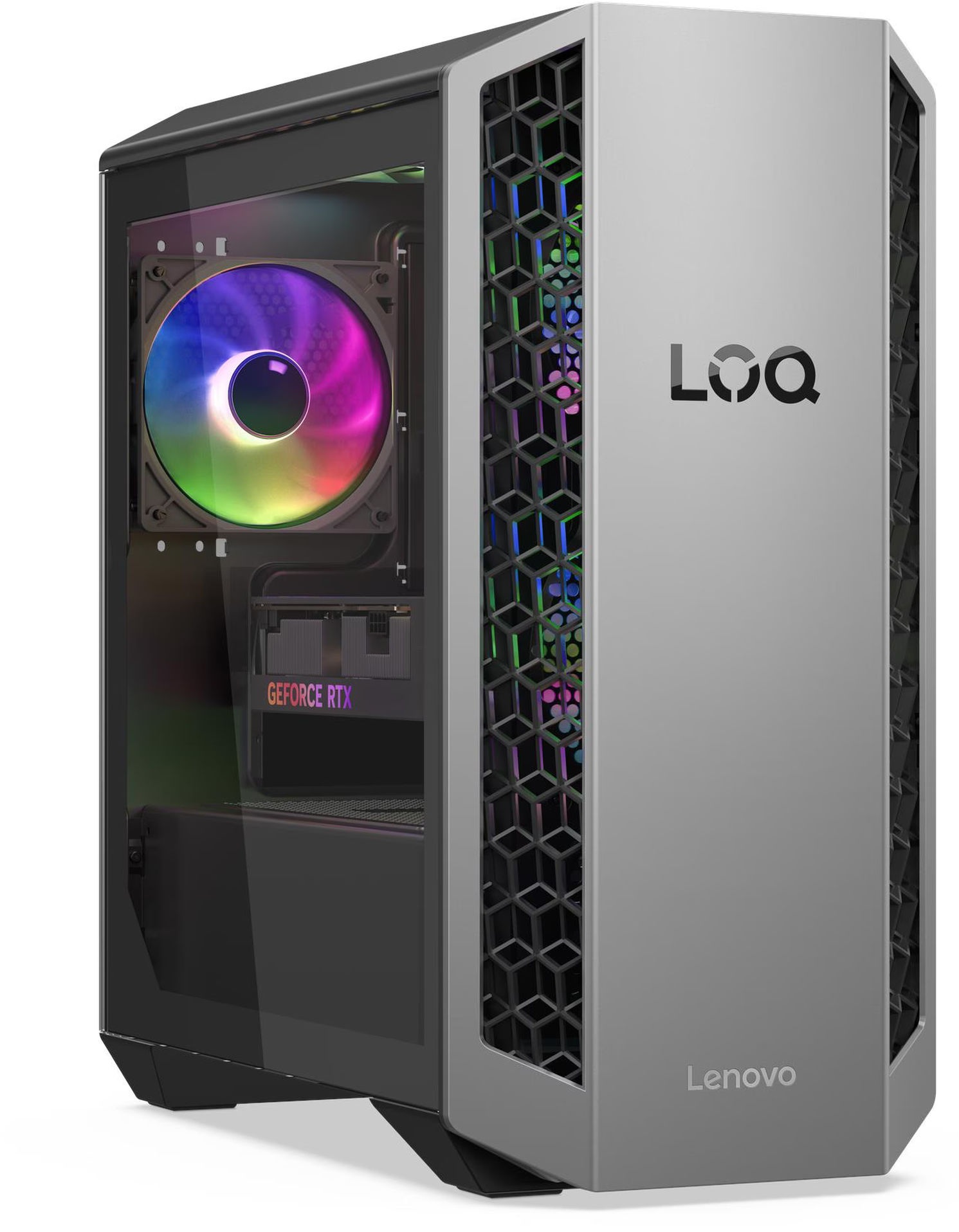 Lenovo LOQ Tower 26ADR10 91DF00CYFC - vue avant Lenovo LOQ Tower 26ADR10 91DF00CYFC vue avant avec panneau transparent