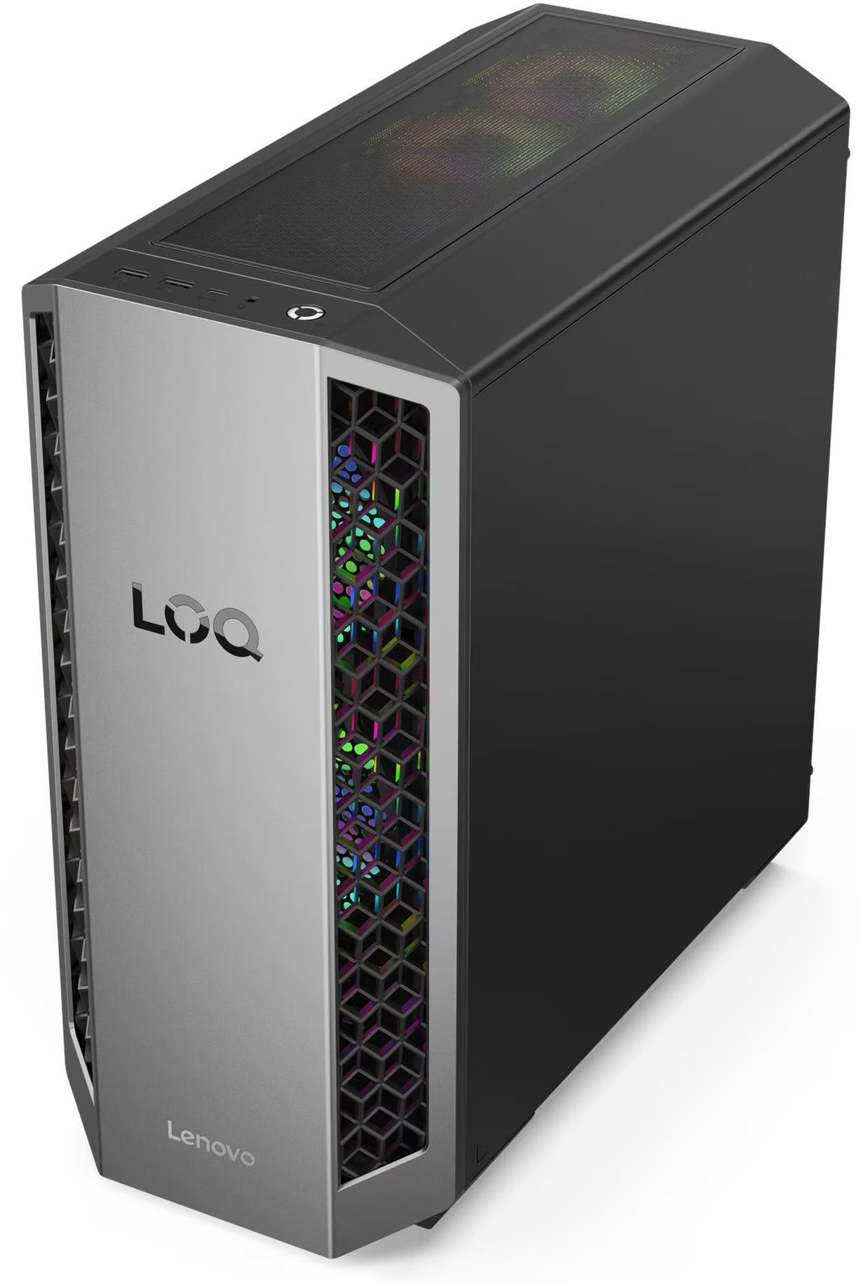 Lenovo LOQ Tower 26ADR10 - design moyen tour Lenovo LOQ Tower 26ADR10 vue avant et côté droit