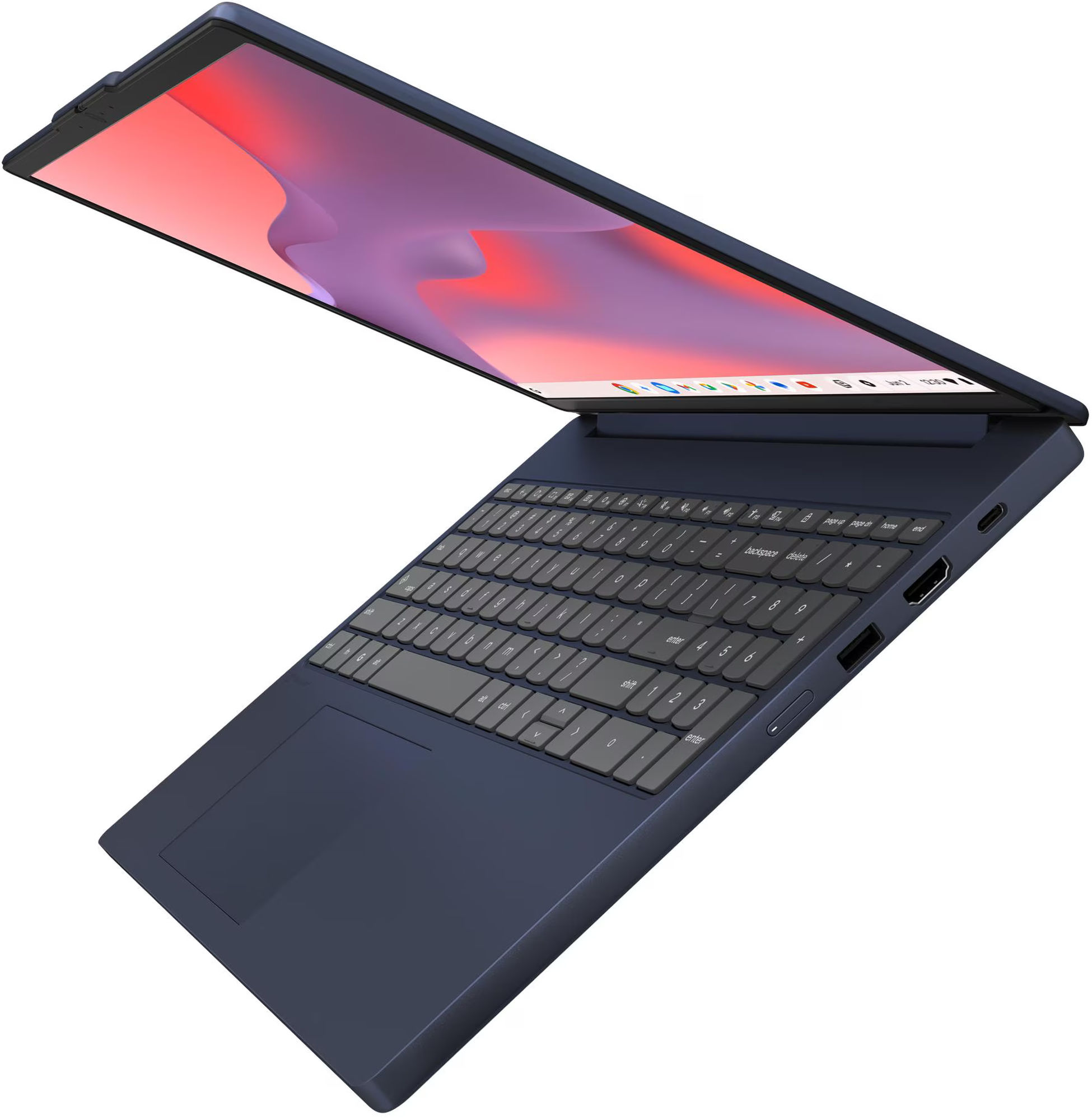 Vue en plongée du Lenovo Chrome 15M8910 83W70018FR Écran et clavier du Lenovo Chrome 15M8910 83W70018FR vus en plongée