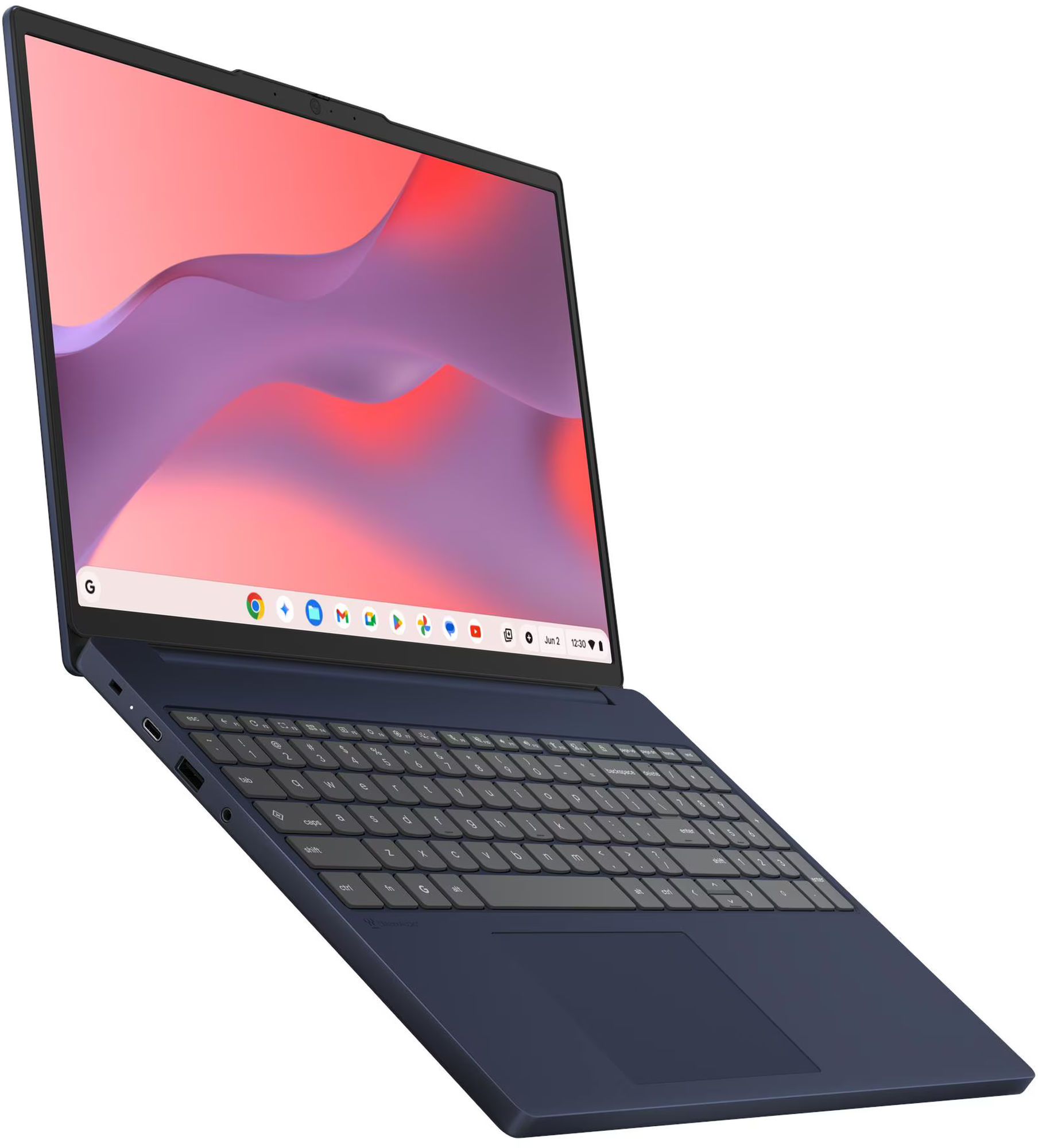 Design ouvert du Lenovo Chrome 15M8910 83W70018FR Vue trois-quarts du Lenovo Chrome 15M8910 83W70018FR et de son clavier