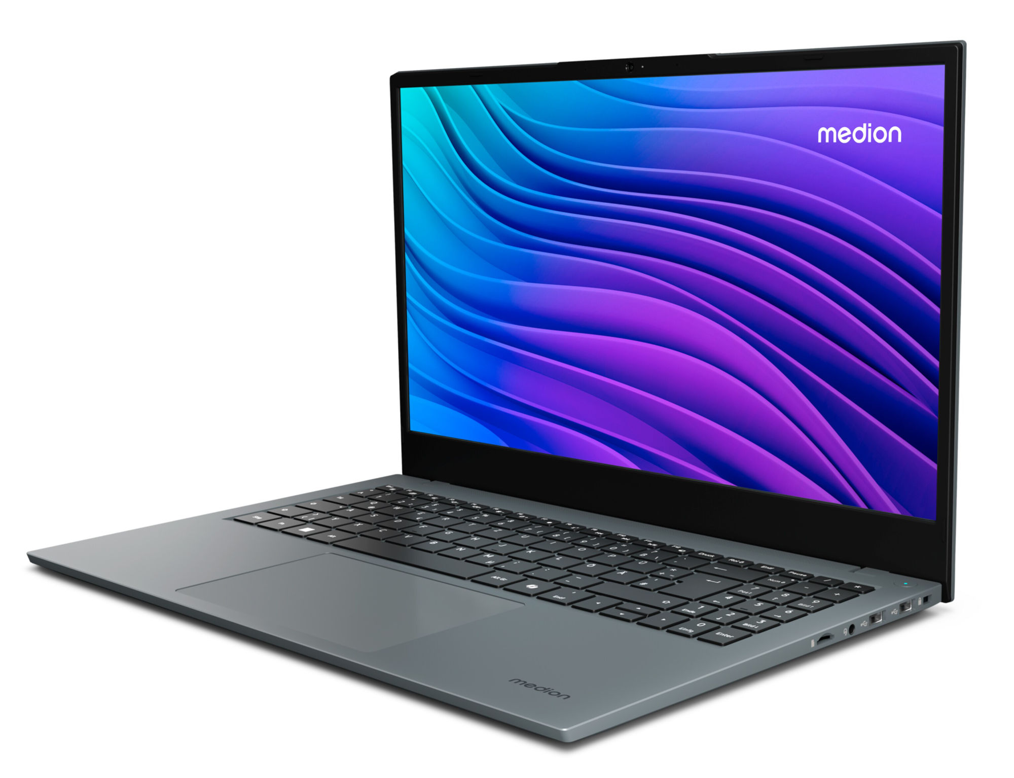Medion E15223 (MD600044) - vue clavier et écran Medion E15223 (MD600044) ouvert de trois quarts côté clavier