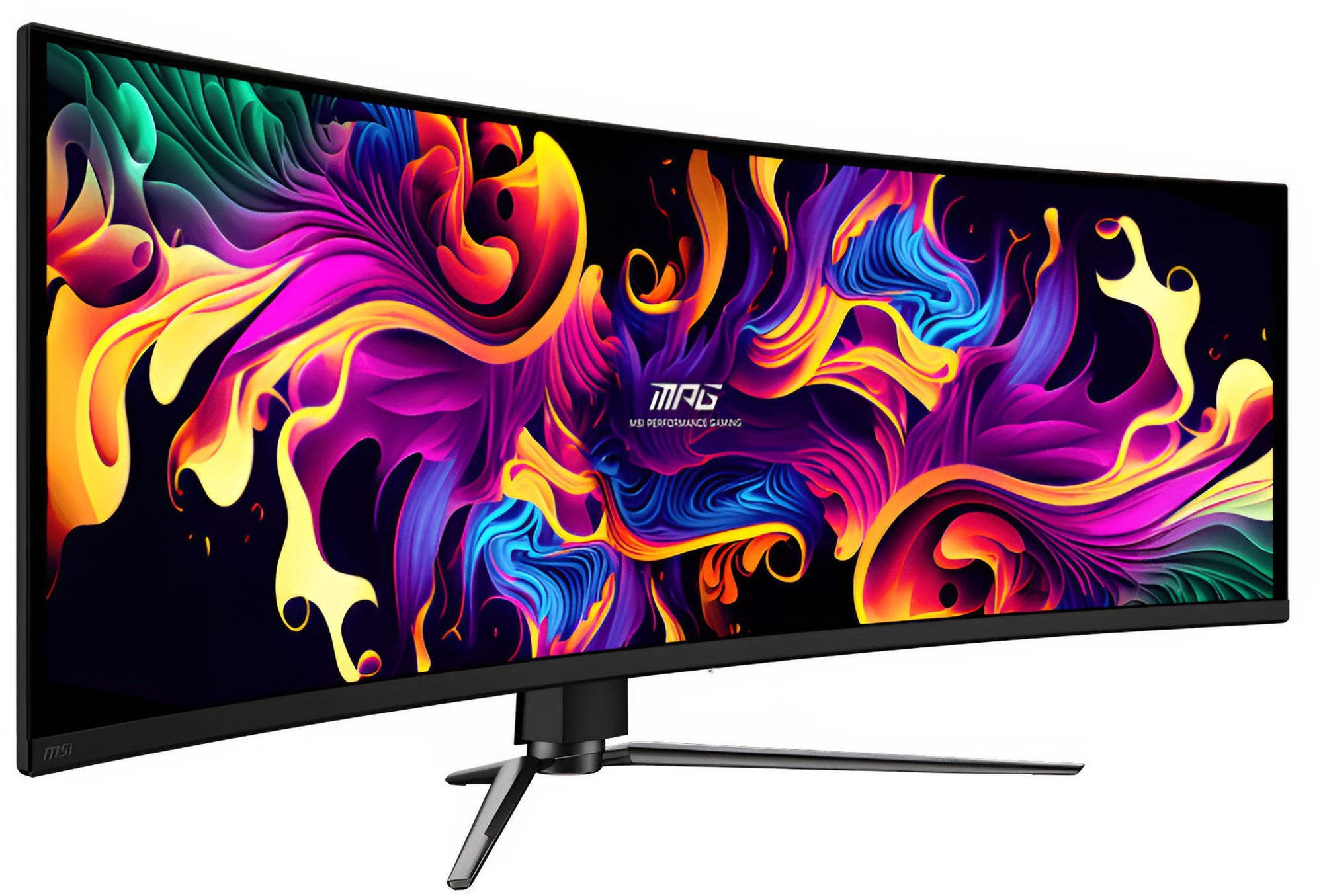 MSI MPG 491CQPX QD-OLED : immersion ultra-large MSI MPG 491CQPX QD-OLED - vue en perspective sur pied