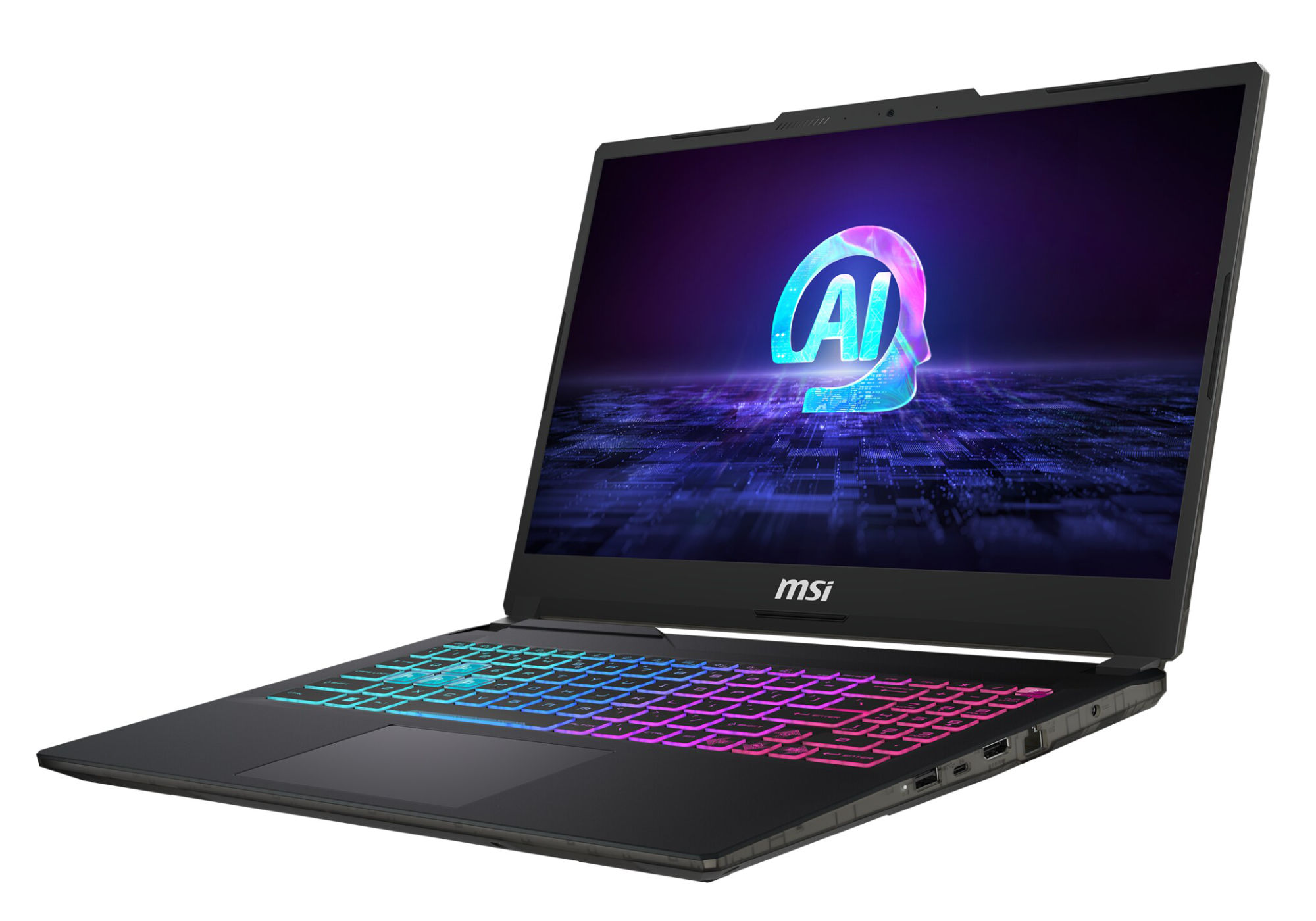MSI Cyborg 15 AI B2RWEKG-016FR - châssis gamer avec connectique complète et Wi-Fi 6E MSI Cyborg 15 AI B2RWEKG-016FR vue de trois quarts côté droit