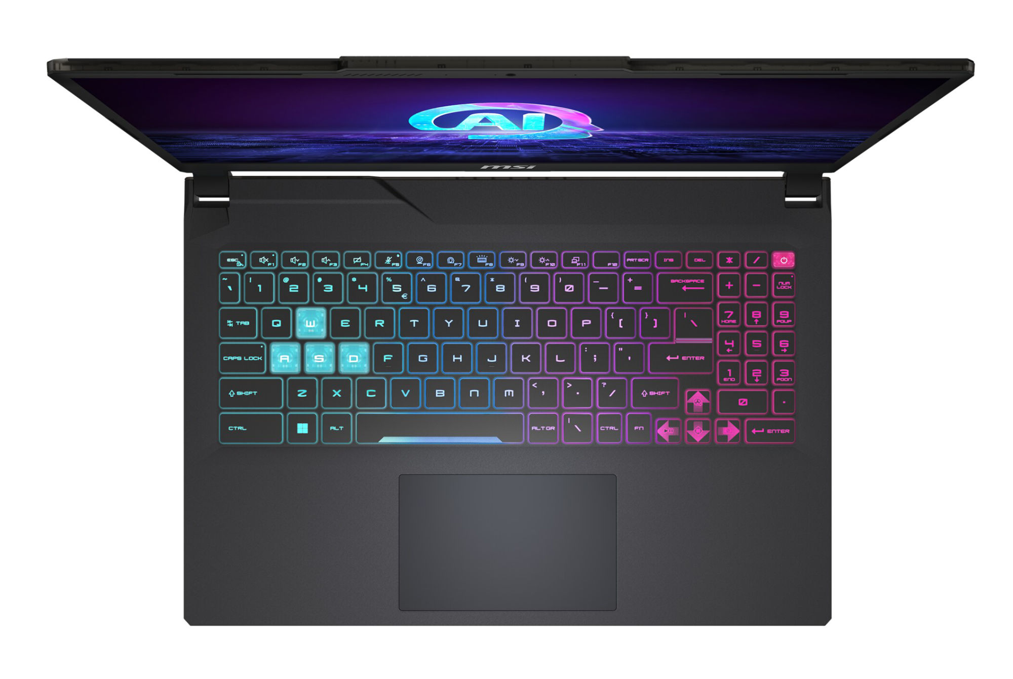 MSI Cyborg 15 AI B2RWEKG-016FR - clavier gamer AZERTY rétroéclairé RGB 4 zones Clavier du MSI Cyborg 15 AI B2RWEKG-016FR vu de dessus