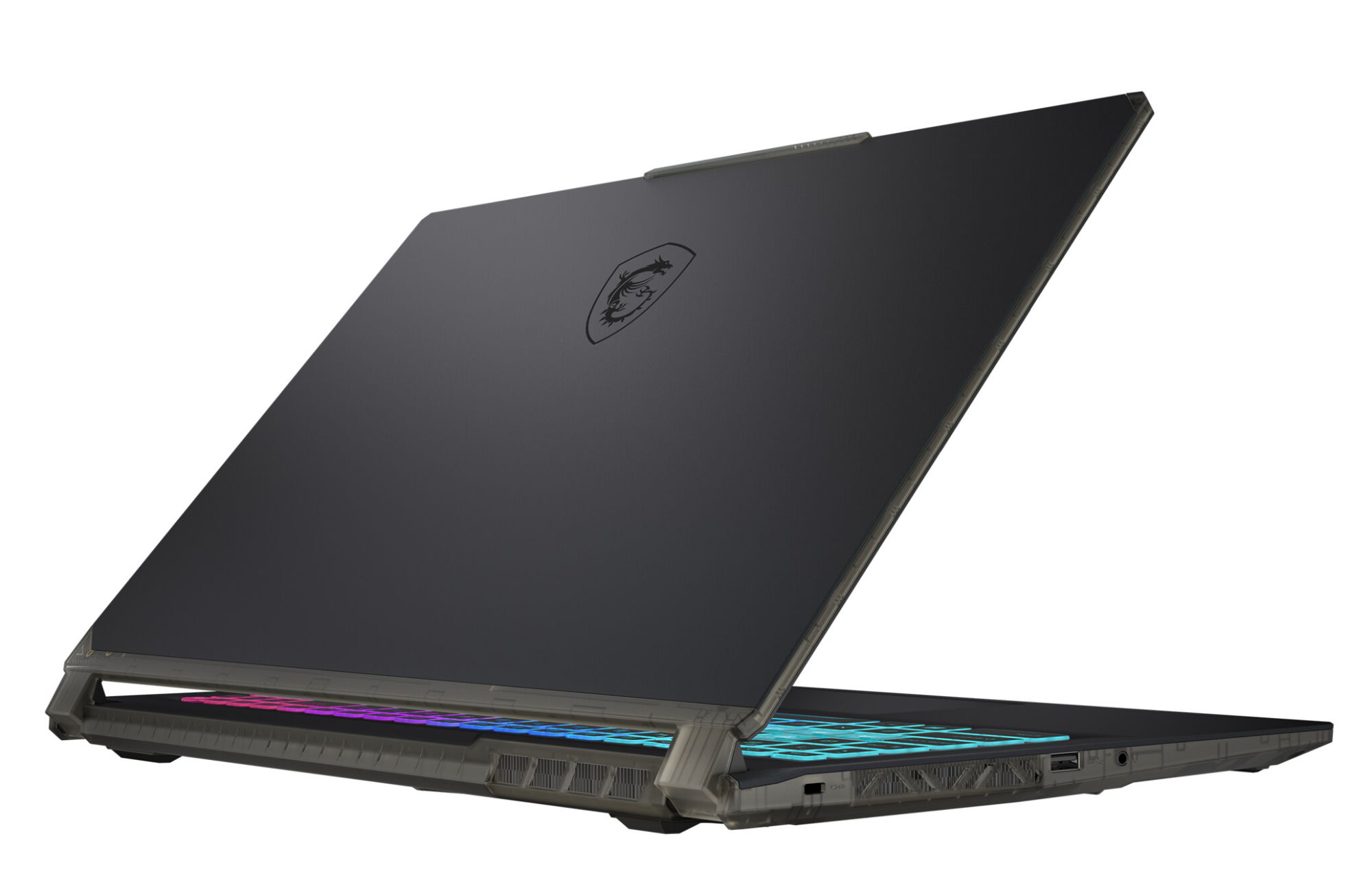 MSI Cyborg 15 AI B2RWEKG-016FR - design Cyborg noir avec logo MSI gamer Capot du MSI Cyborg 15 AI B2RWEKG-016FR avec logo MSI