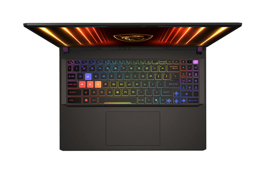 Clavier RGB du PC portable gamer MSI Vector 16 HX AI A2XWHG-664XFR Clavier RGB du MSI Vector 16 HX AI A2XWHG-664XFR vu de dessus