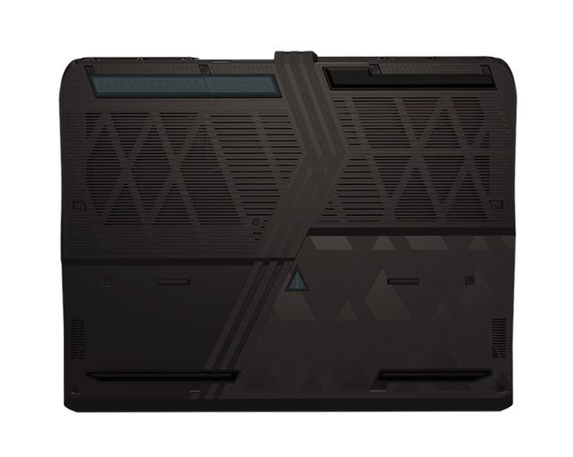 Dessous du MSI Vector 16 HX AI A2XWHG-664XFR et ses grilles de ventilation Dessous du MSI Vector 16 HX AI A2XWHG-664XFR avec système de ventilation