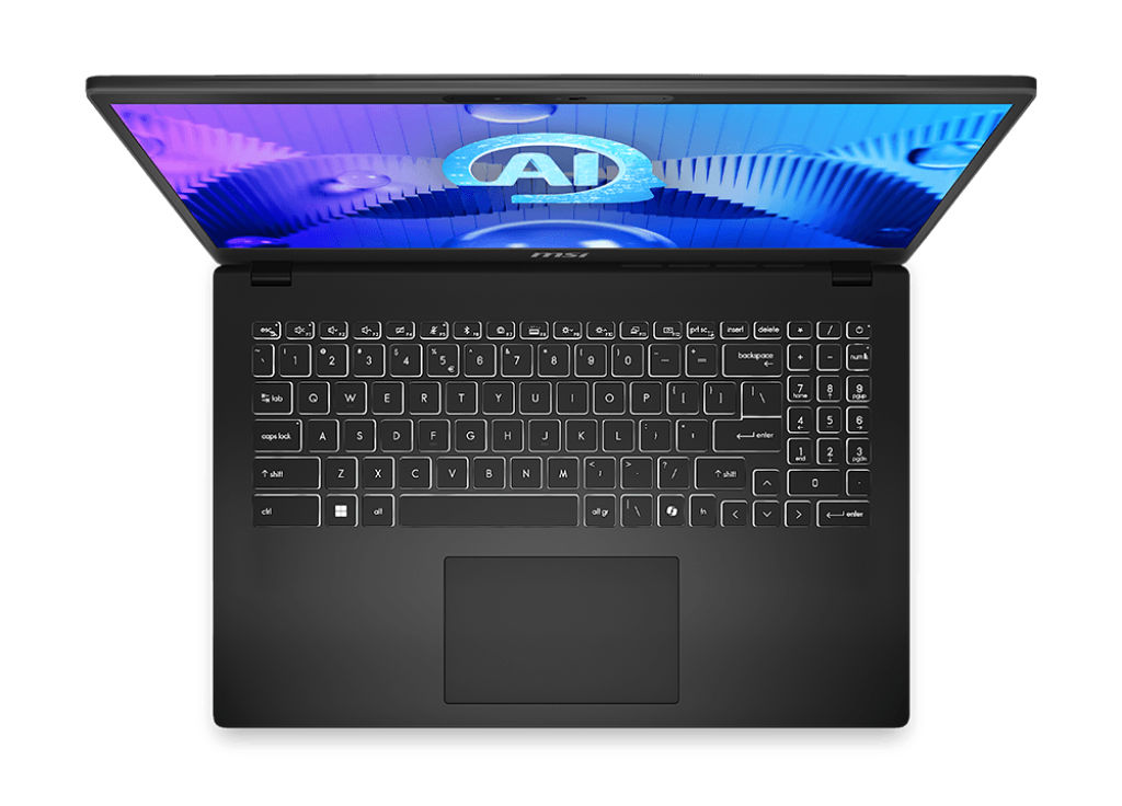 MSI Modern 15 H AI C2HMG-282FR - vue de dessus du clavier AZERTY avec pavé numérique Clavier rétroéclairé et pavé numérique du MSI Modern 15 H AI C2HMG-282FR