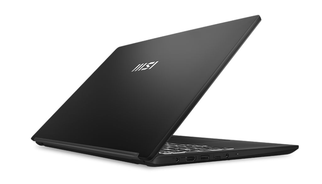 MSI Modern 15 H AI C2HMG-282FR - design aluminium noir et connectique latérale Capot arrière et connectique du MSI Modern 15 H AI C2HMG-282FR