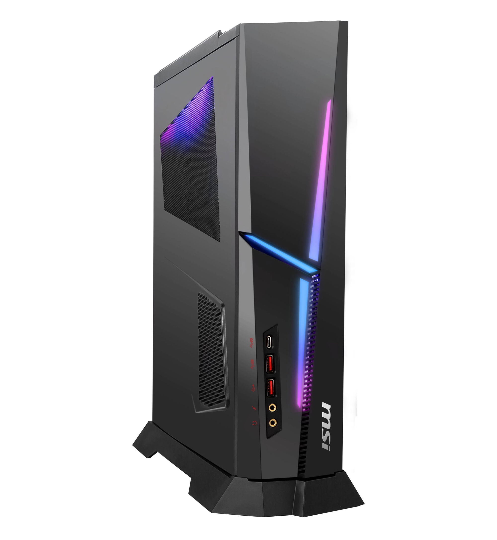 MSI MPG Trident AS AI 2NVL5-040FR - ports frontaux et design RGB Tour MSI MPG Trident AS AI 2NVL5-040FR vue avant mettant en avant les ports en façade