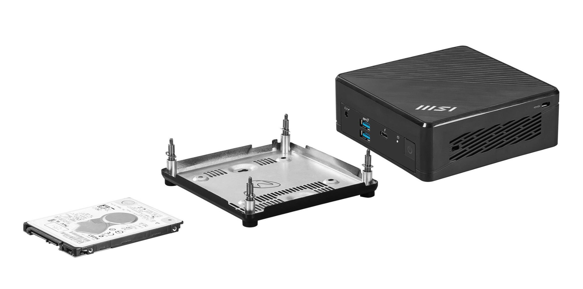 MSI Cubi 5 1M-438BEU : châssis et éléments de montage MSI Cubi 5 1M-438BEU - aperçu du châssis et support