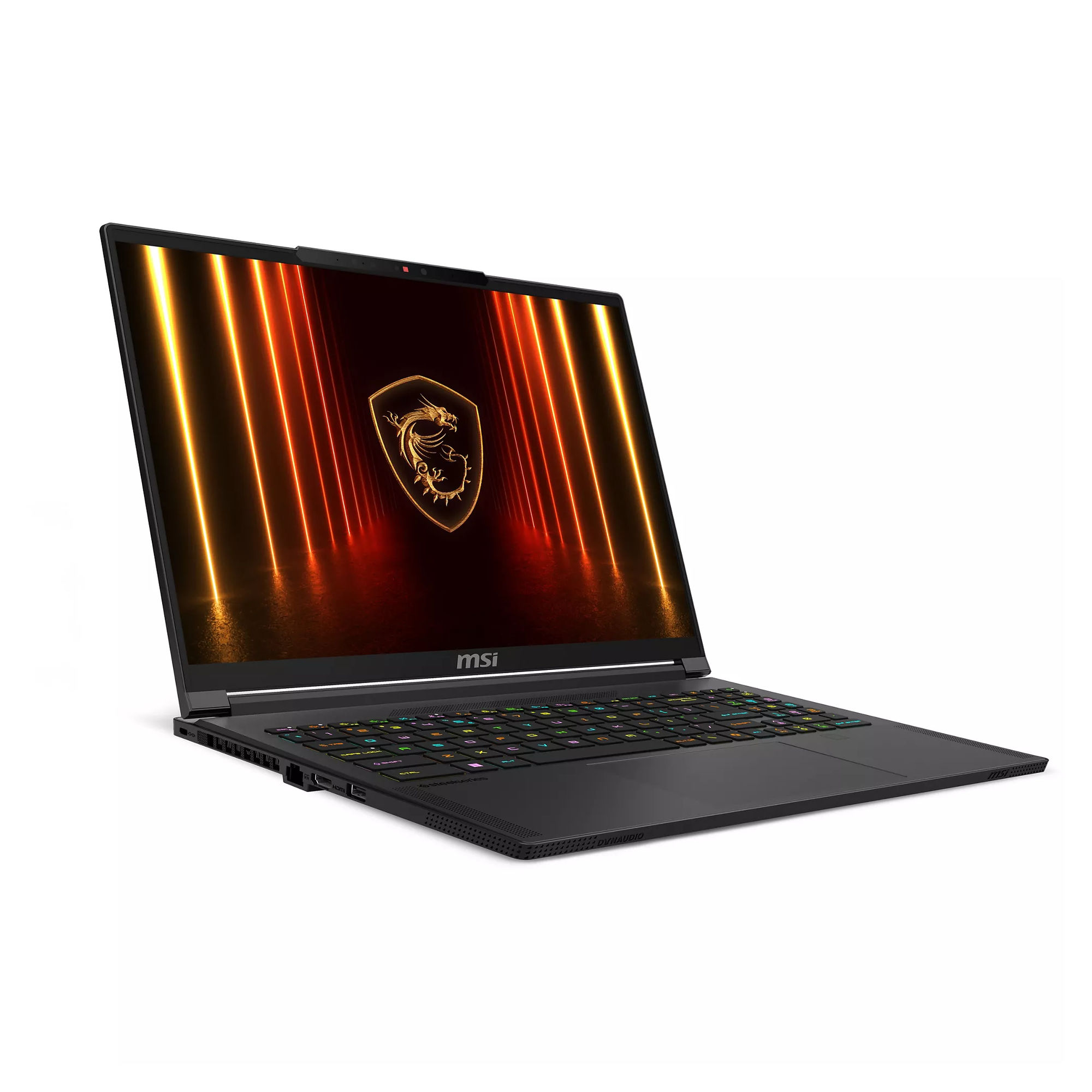Vue trois quarts du PC portable MSI Stealth 16 AI A2HWGG-097FR Vue trois quarts du PC portable MSI Stealth 16 AI A2HWGG-097FR