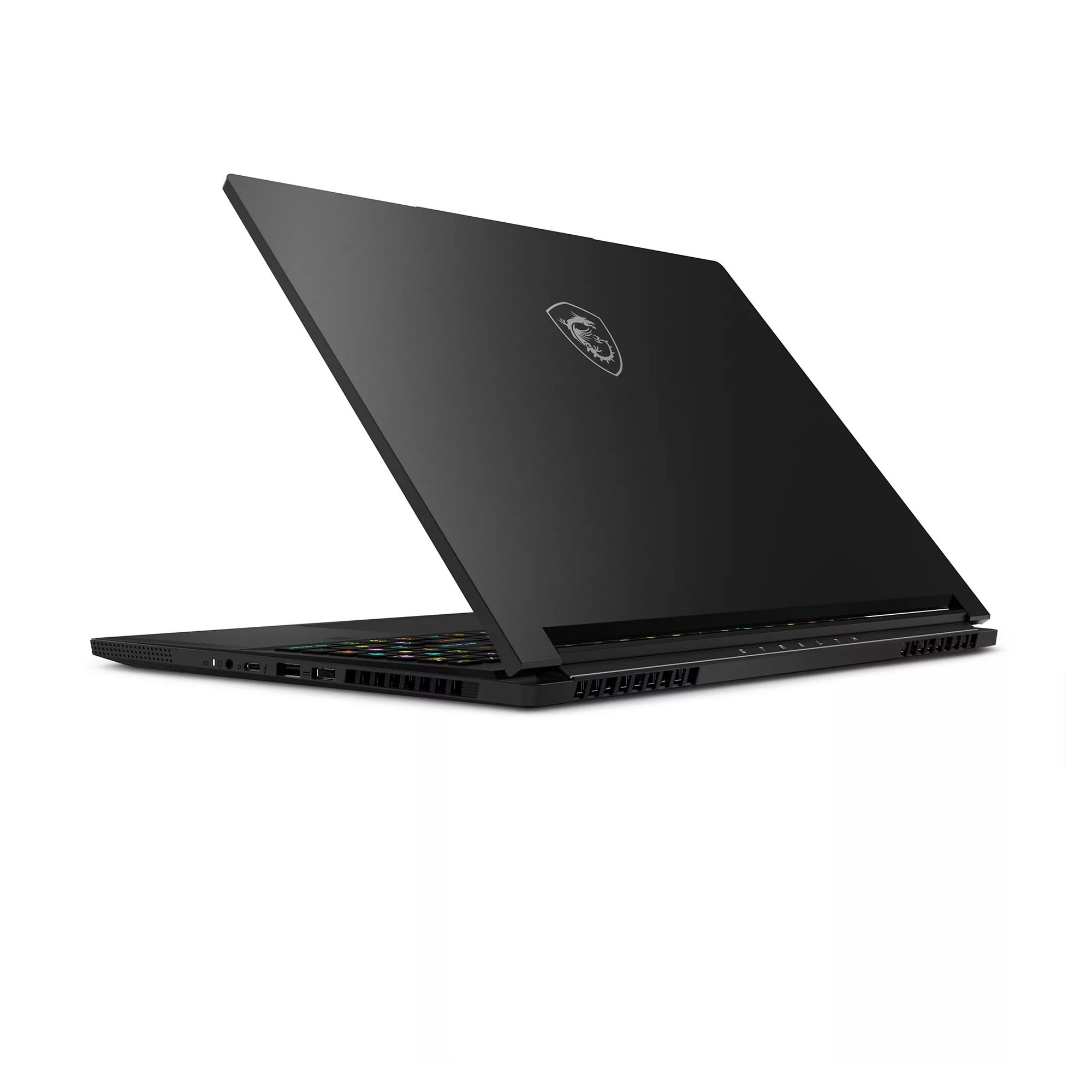 Vue arrière latérale du MSI Stealth 16 AI A2HWGG-097FR Vue arrière latérale du MSI Stealth 16 AI A2HWGG-097FR