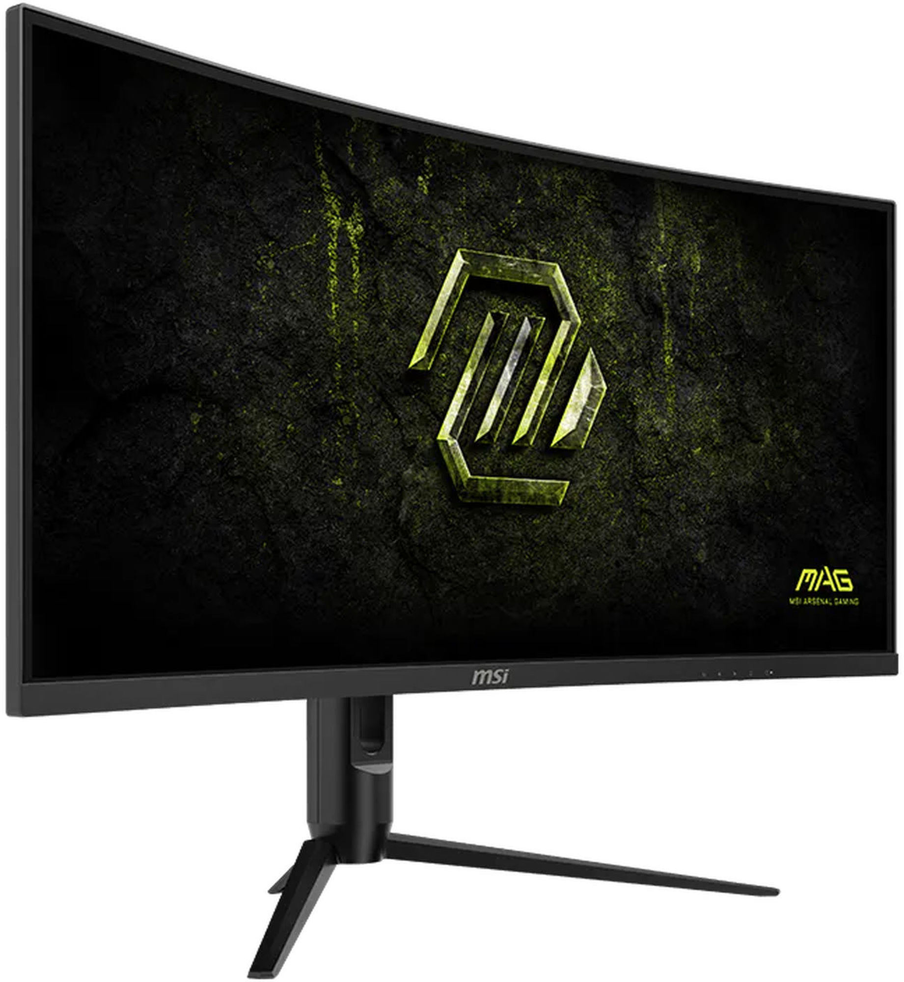 MSI MAG 342CQRF E20 - vue de trois quarts MSI MAG 342CQRF E20 vue de trois quarts avec écran incurvé