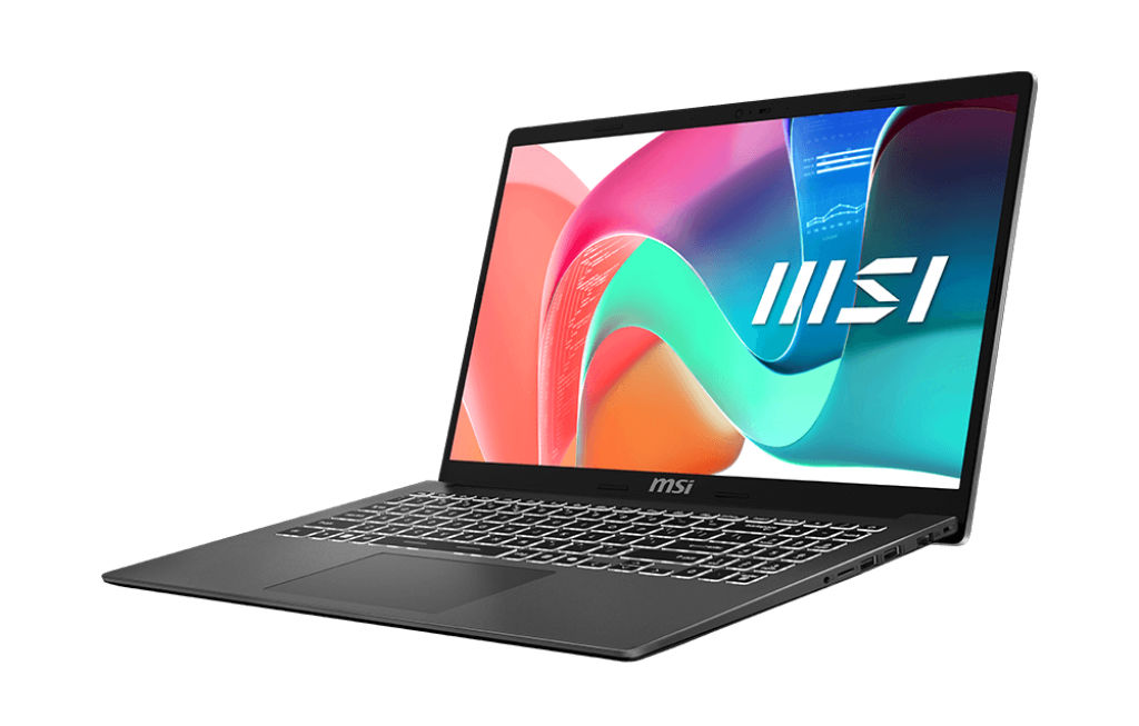 MSI Modern 15 F1MG-687XFR vue trois quarts ouverte MSI Modern 15 F1MG-687XFR vue trois quarts ouverte